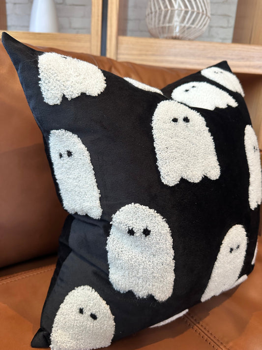 Black Velvet Ghost Pillow Cover 18 Inch Square Embroidered