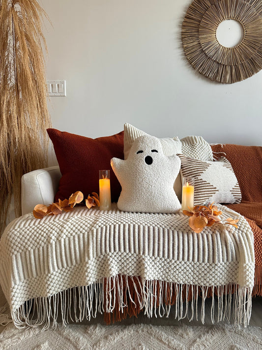 White Sherpa Ghost Pillow for Cozy Seasonal Halloween Decor