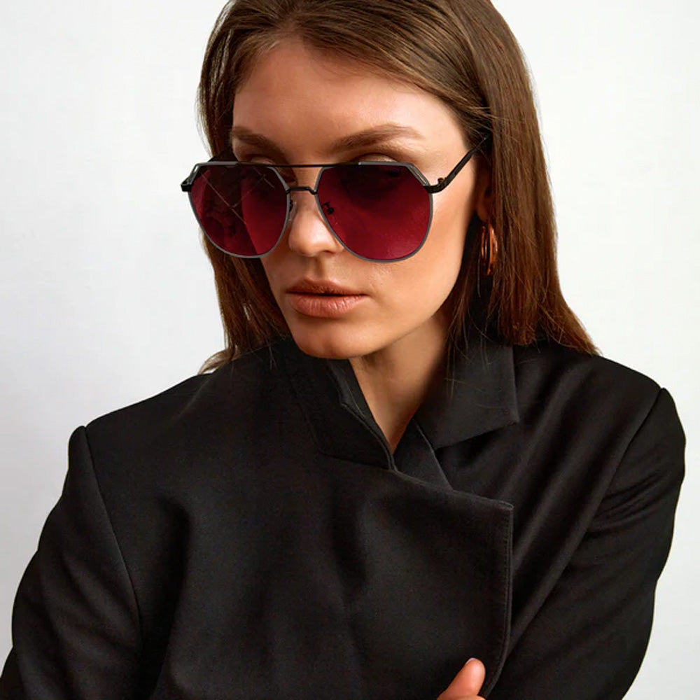 Farrah Black Frame Ruby Lens Square Aviator Sunglasses