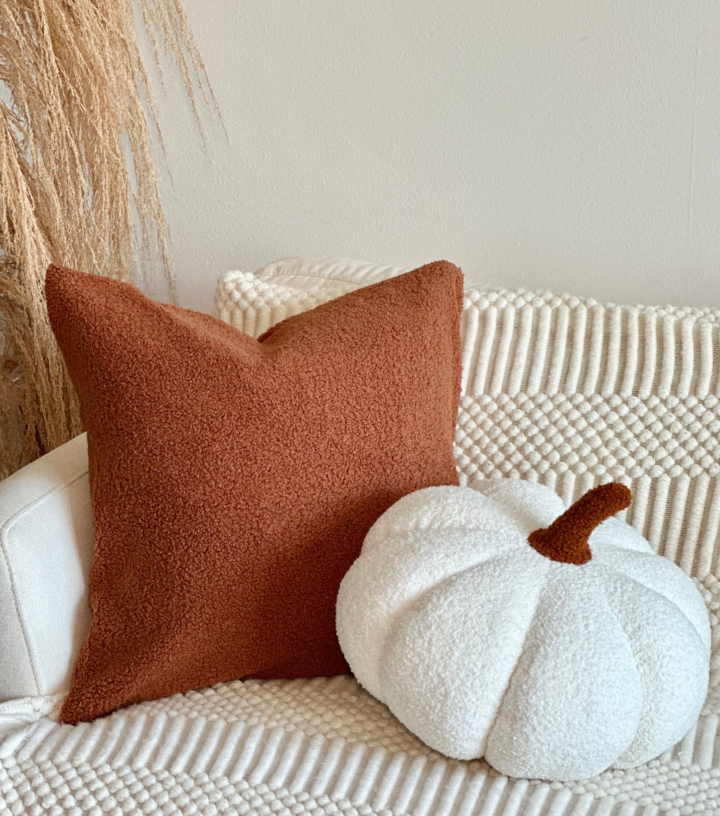 Jumbo Sherpa Cream Pumpkin Pillow With Burnt Orange Stem
