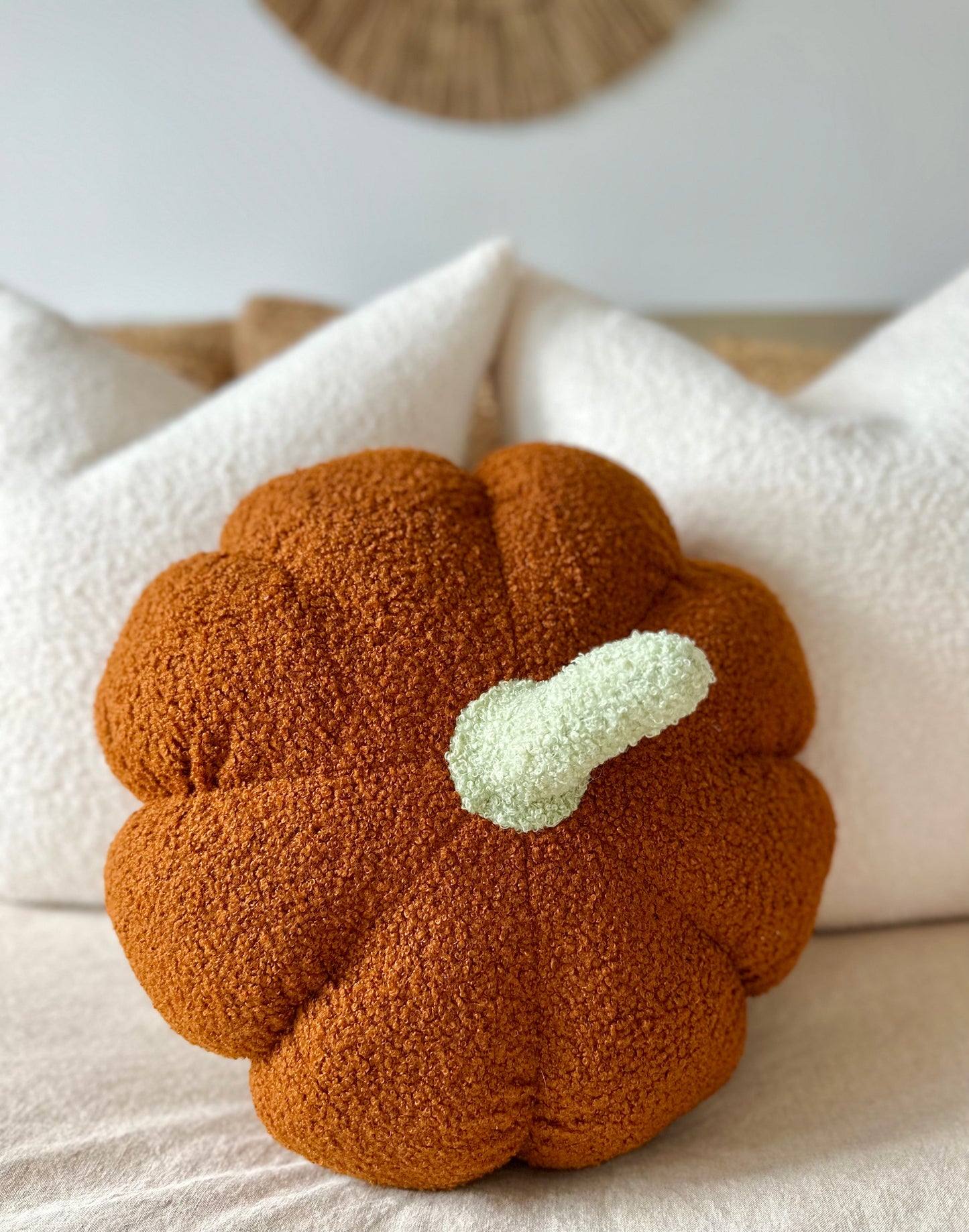 Jumbo Sherpa Pumpkin Pillow Burnt Orange Sage Green Stem