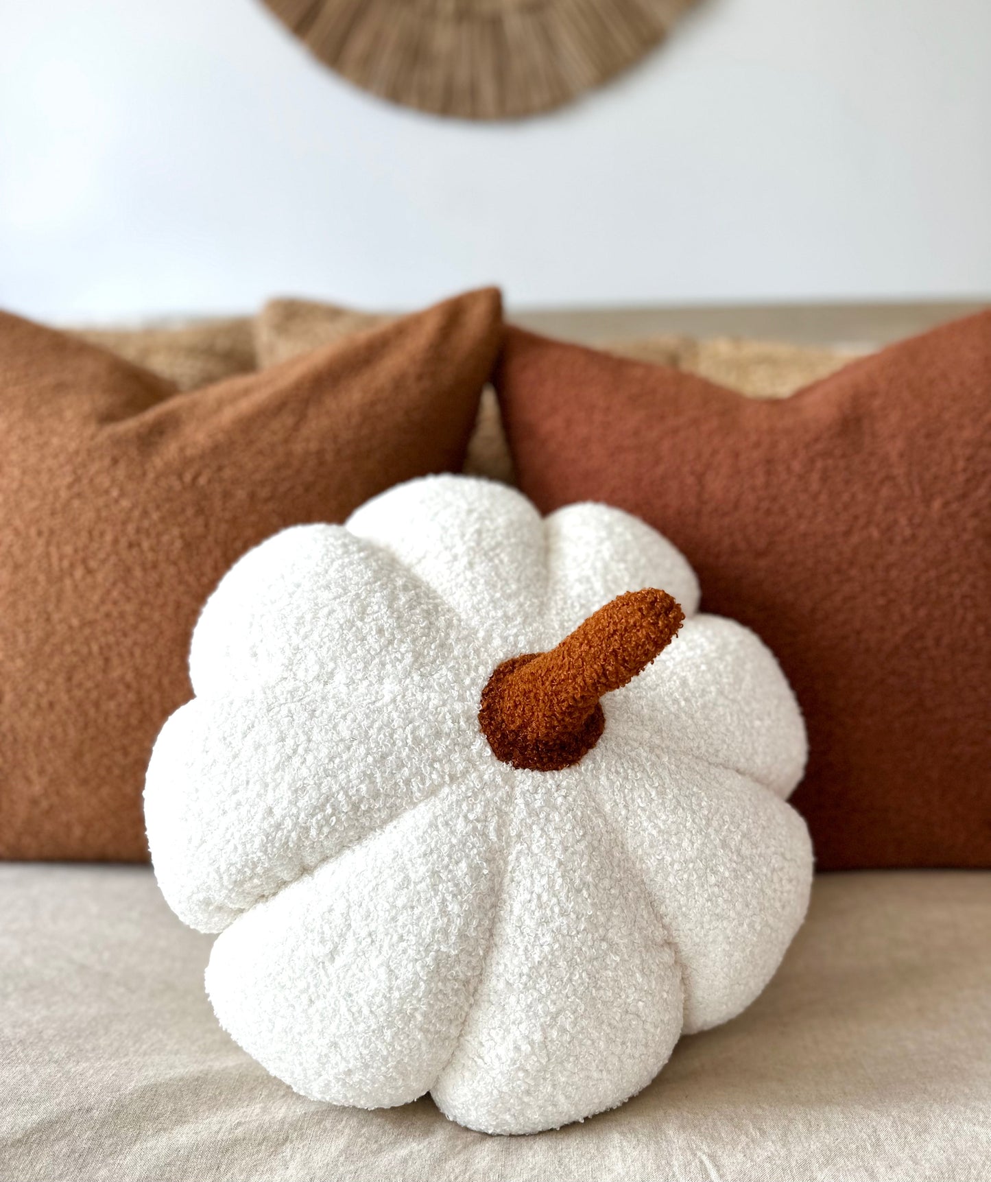 Jumbo Sherpa Cream Pumpkin Pillow With Burnt Orange Stem
