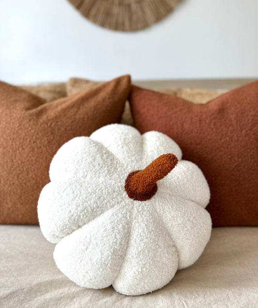 Jumbo Sherpa Cream Pumpkin Pillow With Burnt Orange Stem