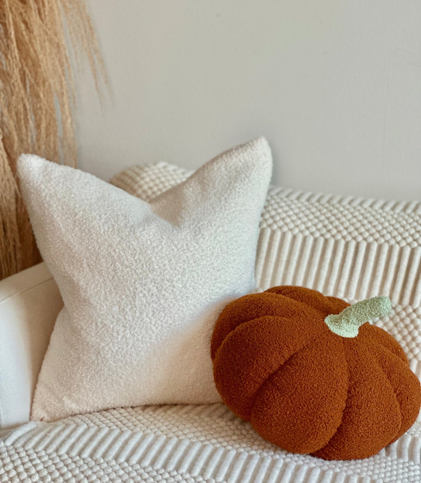Jumbo Sherpa Pumpkin Pillow Burnt Orange Sage Green Stem
