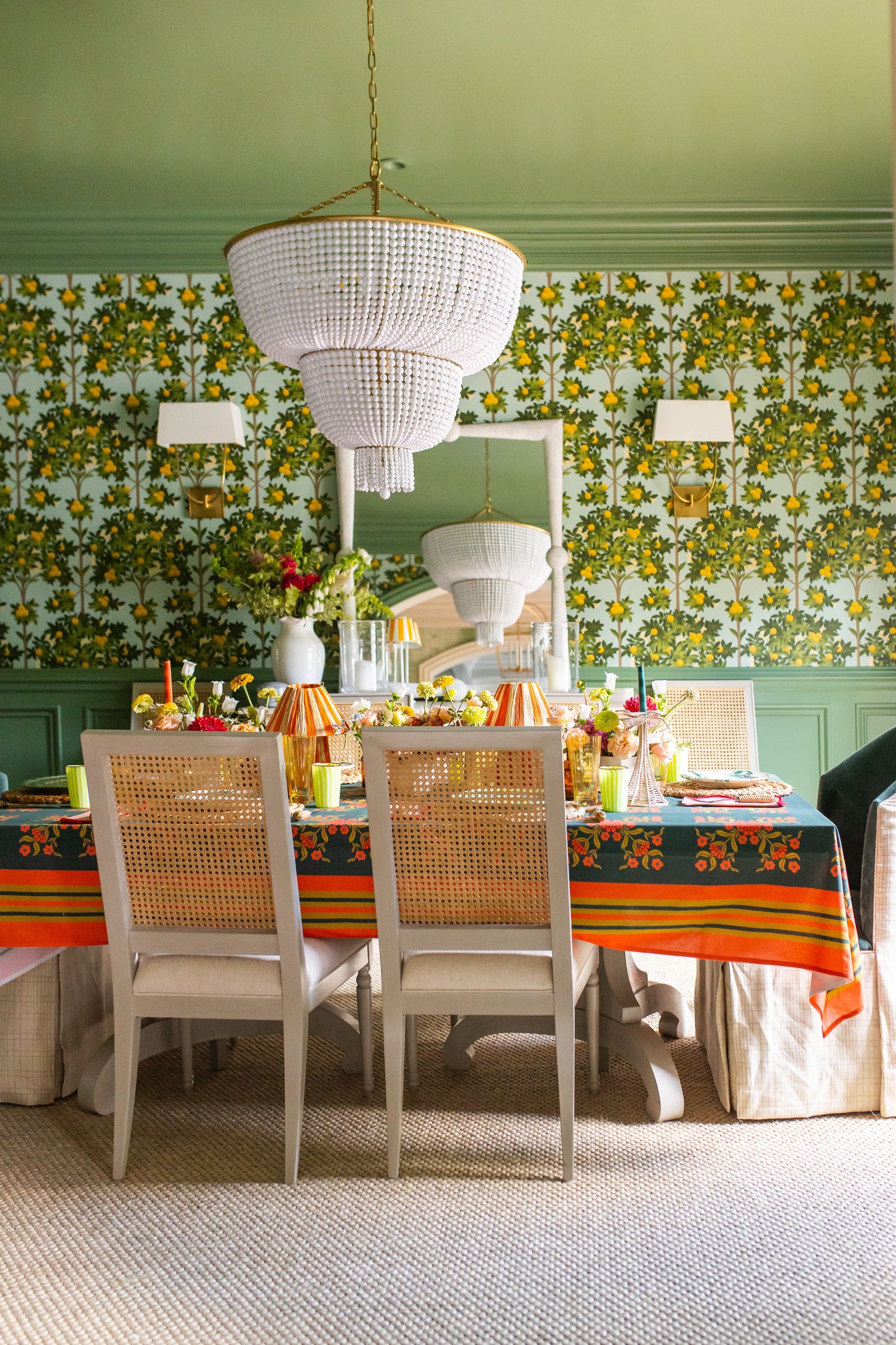 Mantel floral verde con estampado de rayas ModaFleur 100% algodón