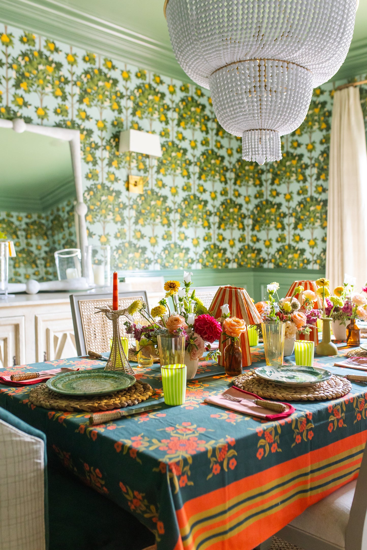 Mantel floral verde con estampado de rayas ModaFleur 100% algodón