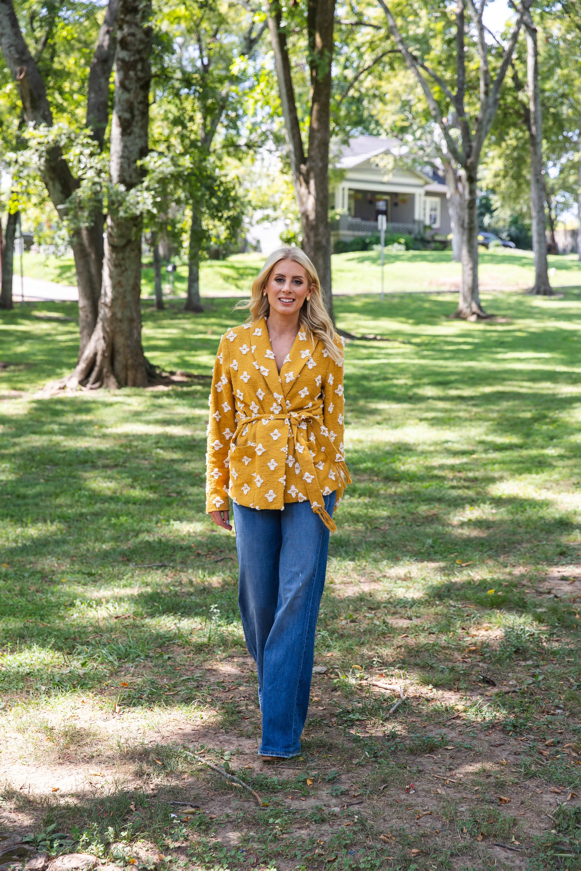Stevie Shawl Collar Shirt Jacket Mustard Belted Tassels