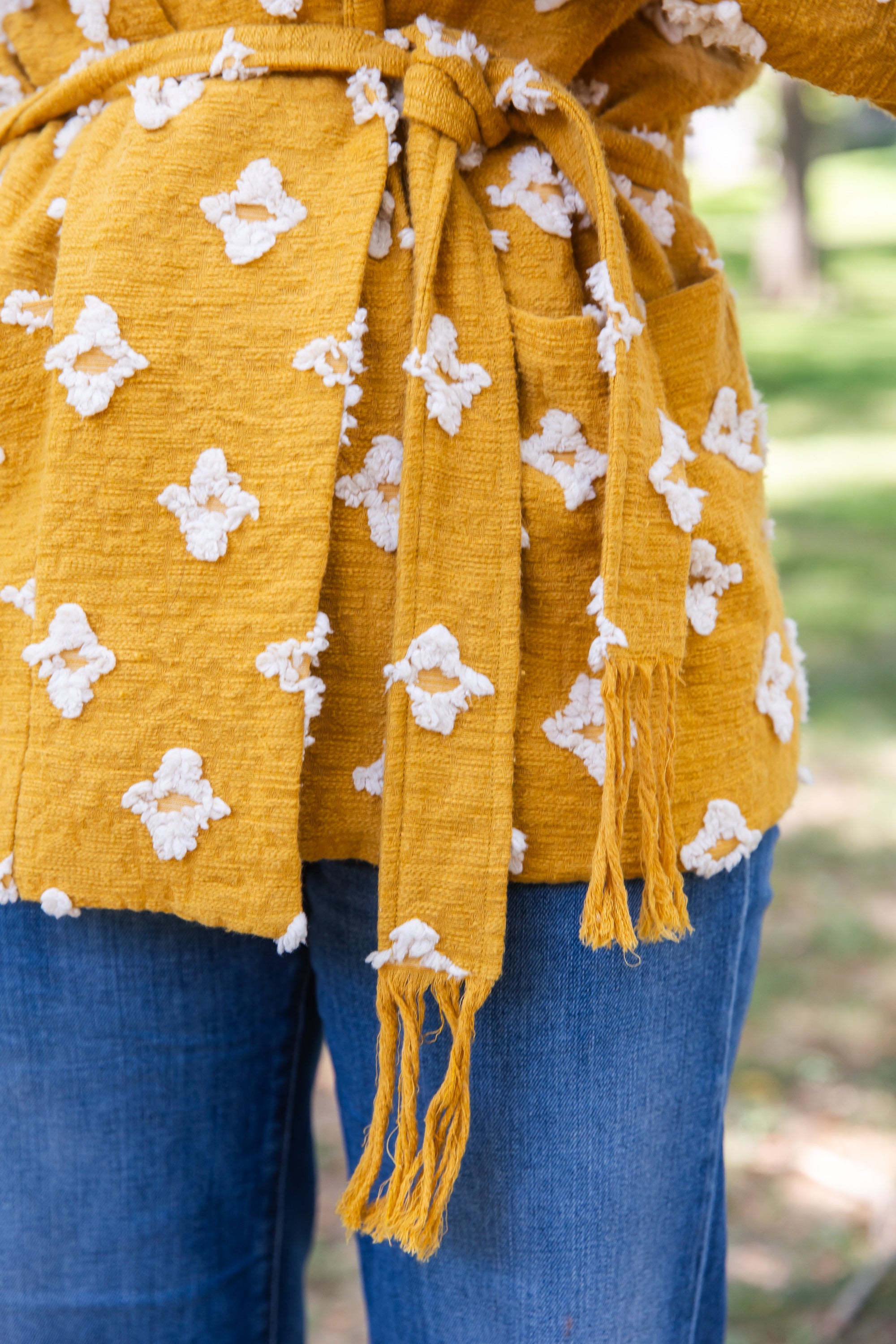 Stevie Shawl Collar Shirt Jacket Mustard Belted Tassels