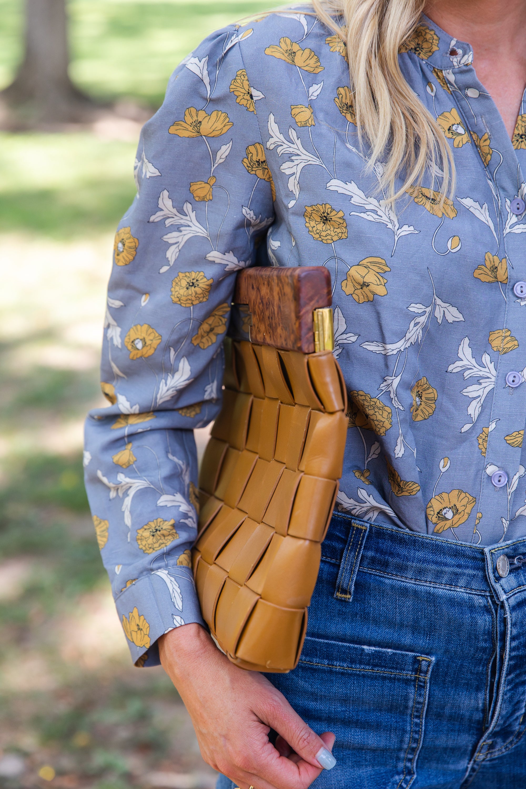 Marie Top Blue Bell Floral Linen Blend Button Up Everyday