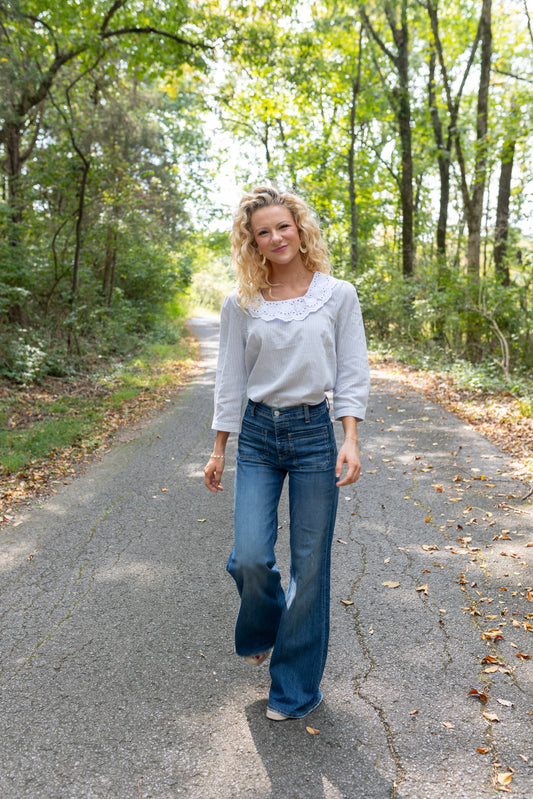 Louise Top Eyelet Collar Blue White Striped Cotton Top