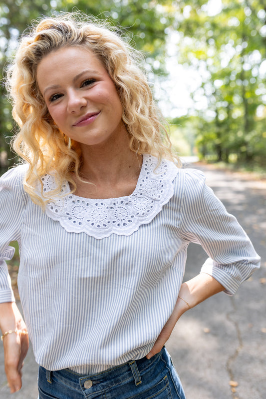 Louise Top Eyelet Collar Blue White Striped Cotton Top