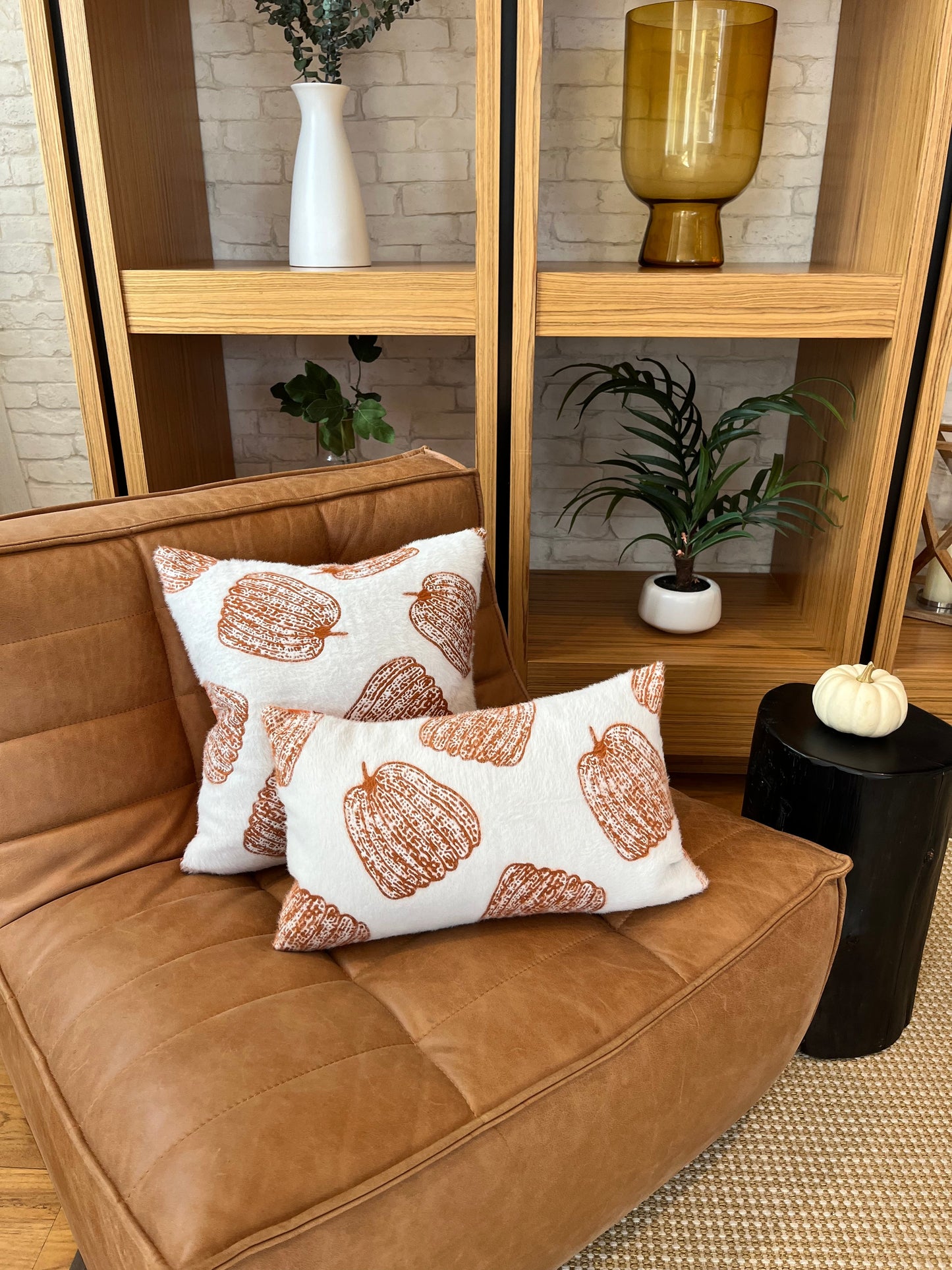 White Pumpkin Lumbar Pillow Cover With Chenille Texture