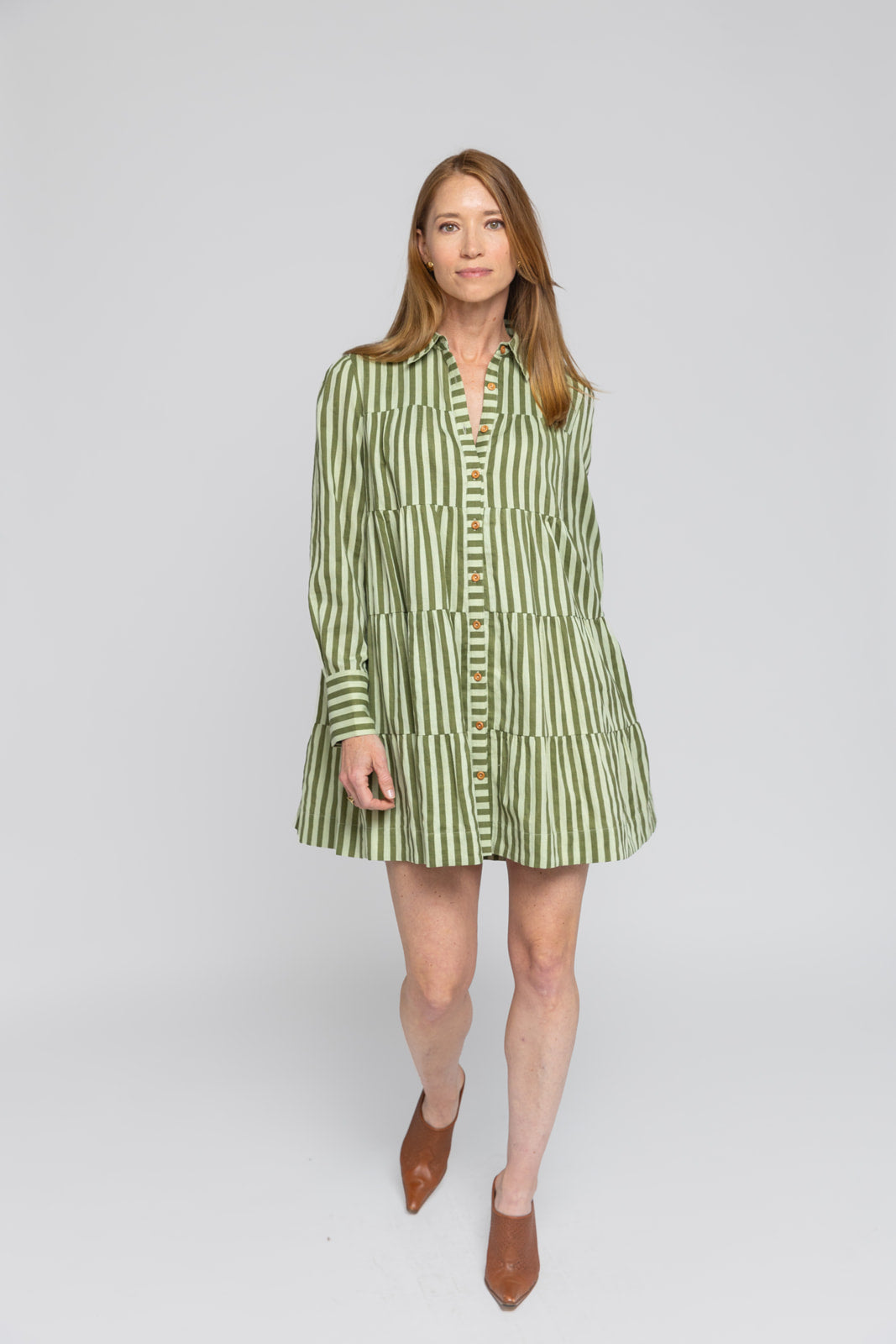 Vestido Hollis Baby Doll de rayas verdes con tapeta de botones
