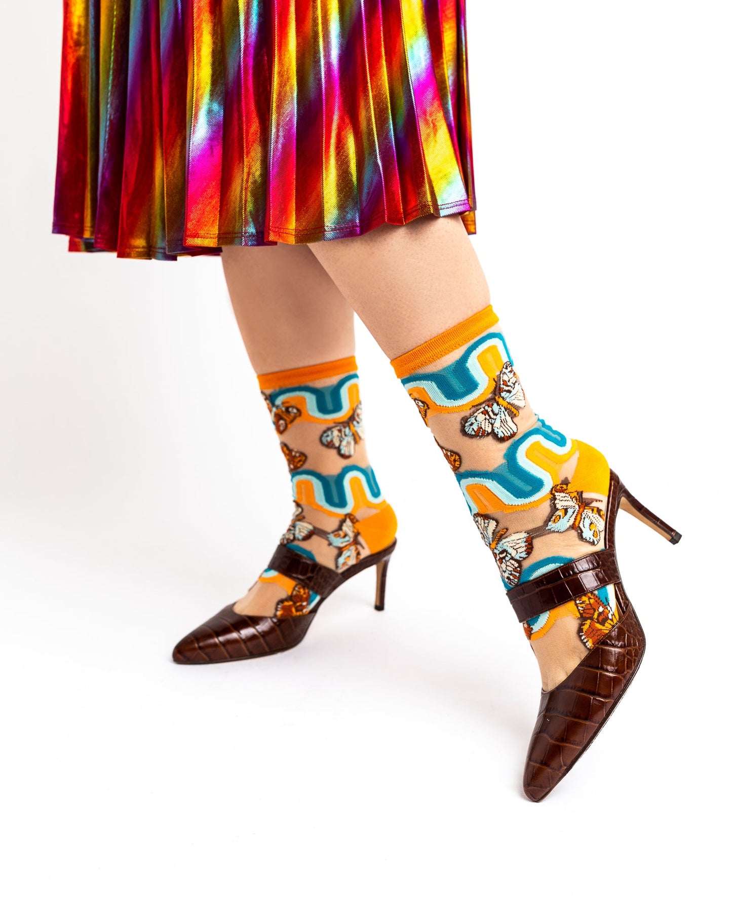 70s Rainbow Butterfly Sheer Mid High Sock By Sock Candy