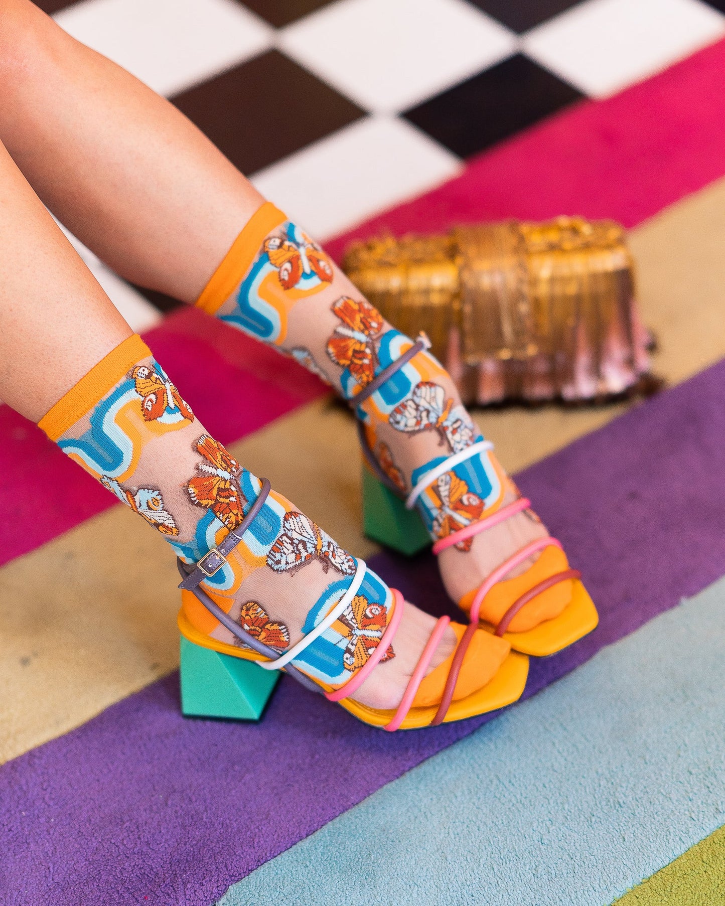 70s Rainbow Butterfly Sheer Mid High Sock By Sock Candy