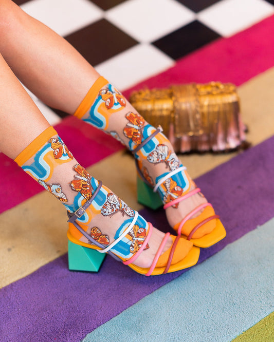 70s Rainbow Butterfly Sheer Mid High Sock By Sock Candy