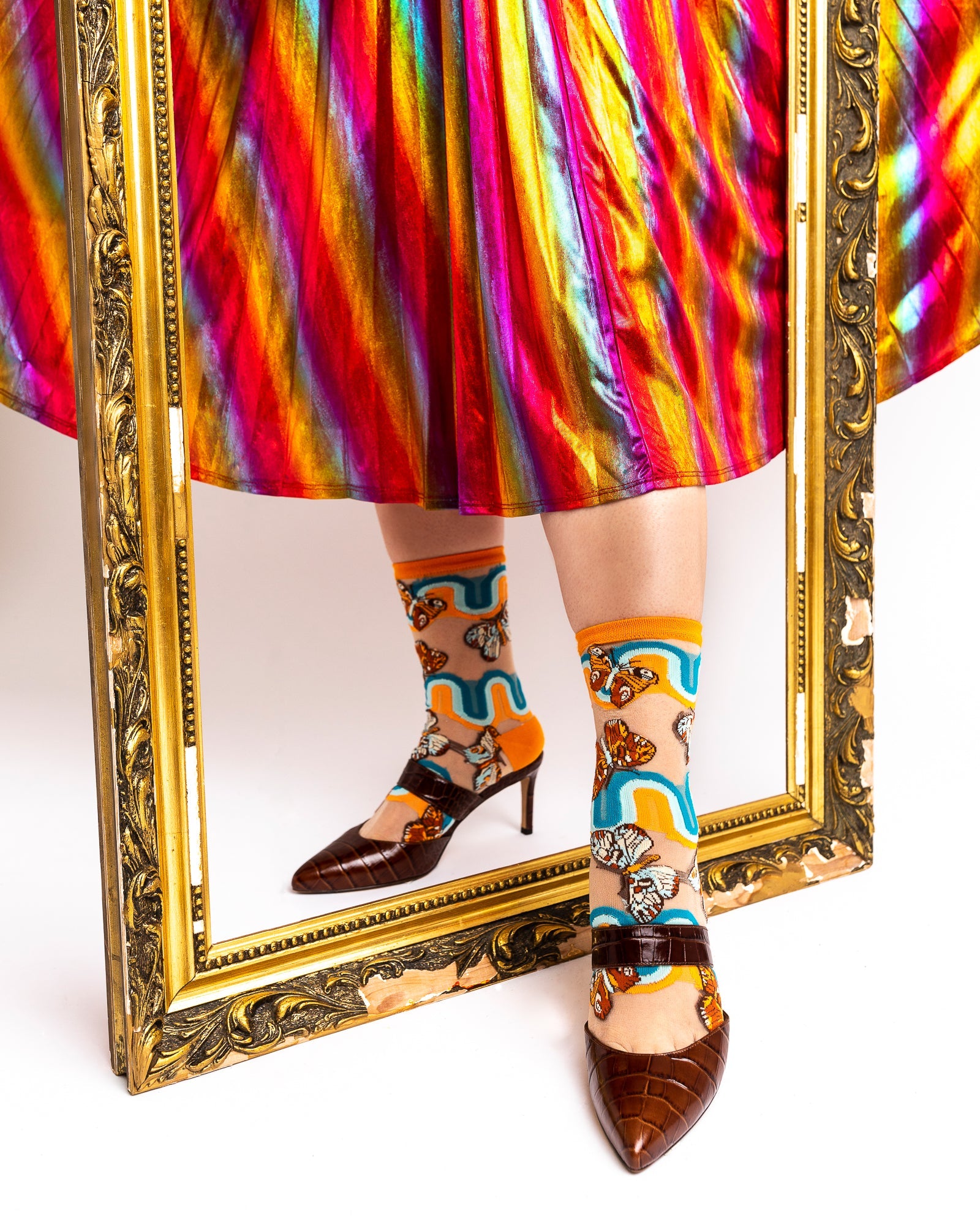 70s Rainbow Butterfly Sheer Mid High Sock By Sock Candy