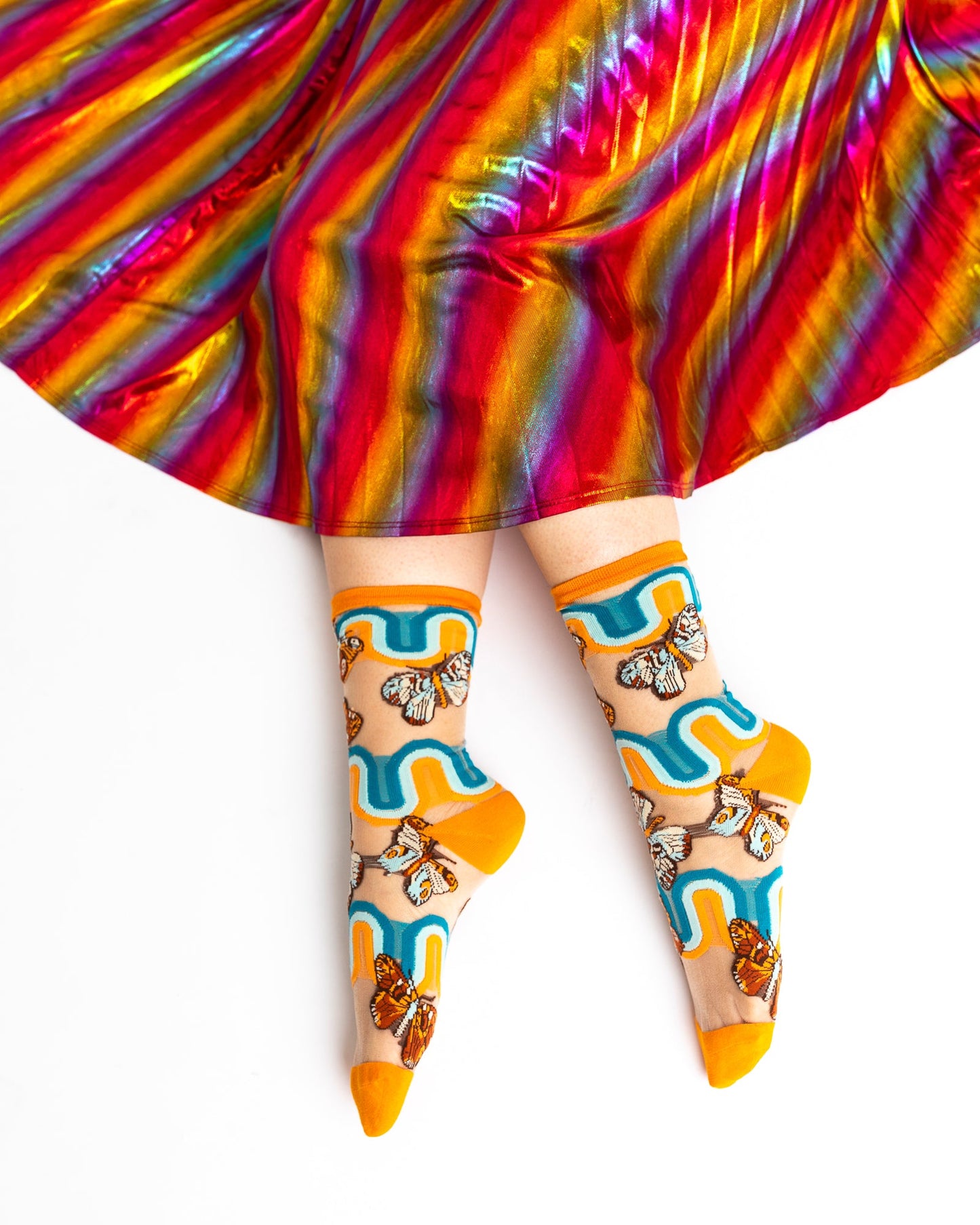 70s Rainbow Butterfly Sheer Mid High Sock By Sock Candy