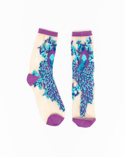 Aquamarine Peacock Sheer Crew Sock For Stylish All Day Wear