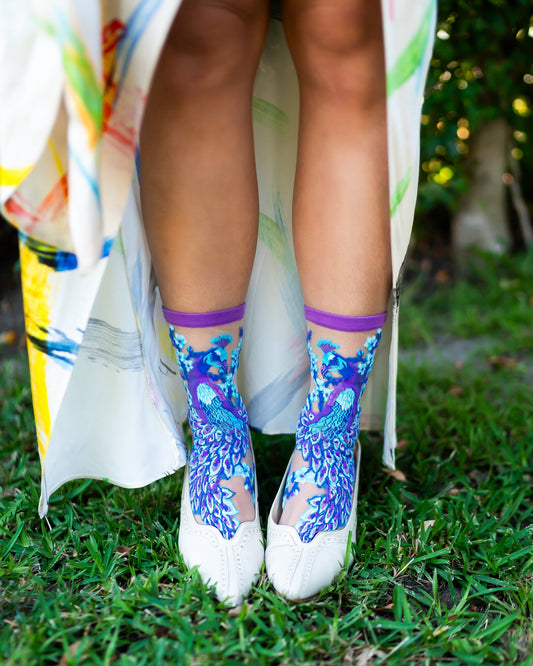 Aquamarine Peacock Sheer Crew Sock For Stylish All Day Wear