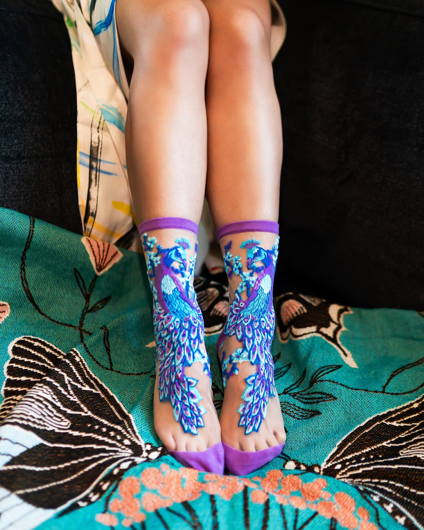 Aquamarine Peacock Sheer Crew Sock For Stylish All Day Wear