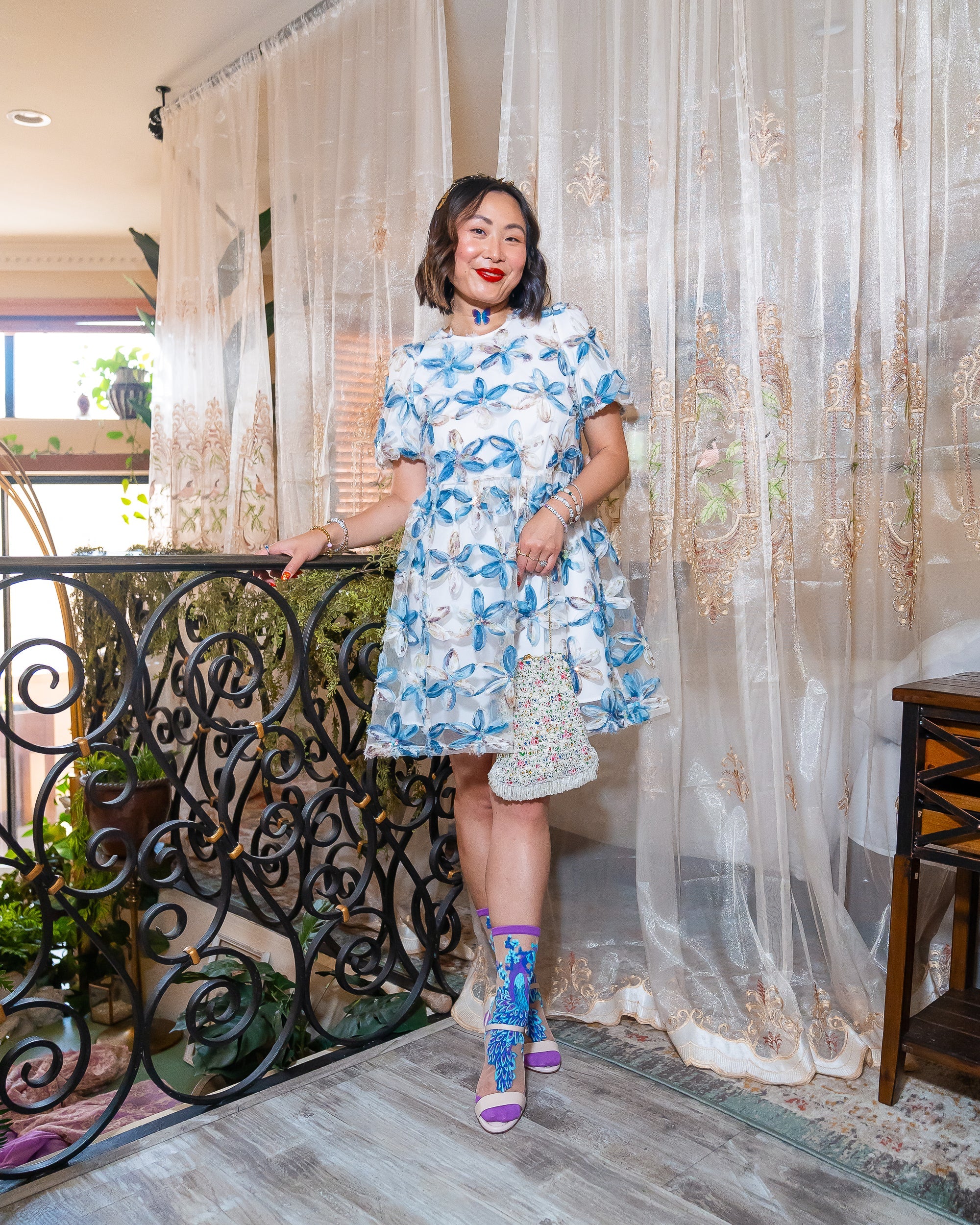 Aquamarine Peacock Sheer Crew Sock For Stylish All Day Wear