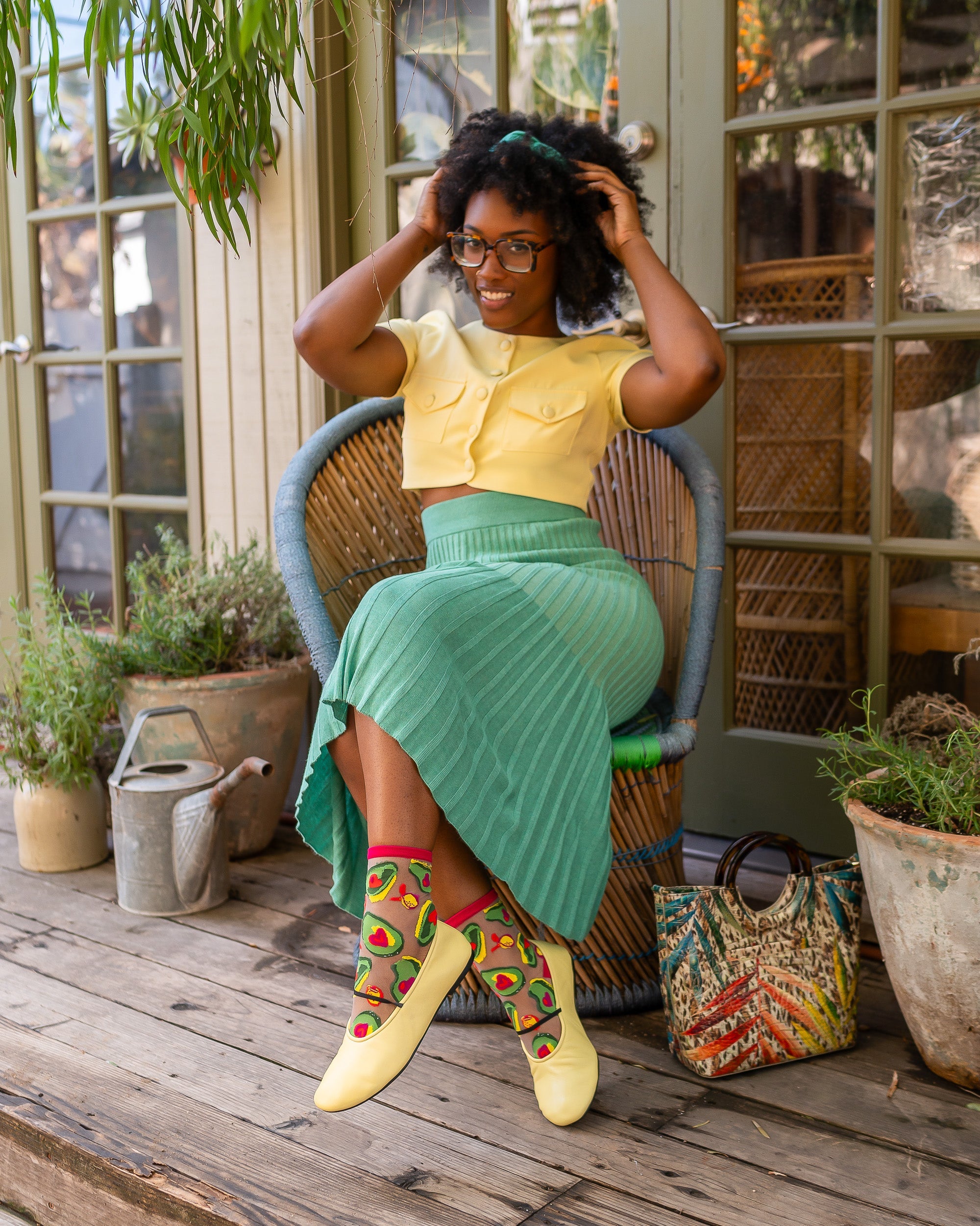 Avocado Sheer Crew Socks With Brunch Pattern