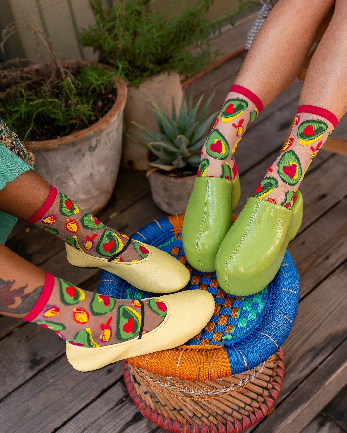 Avocado Sheer Crew Socks With Brunch Pattern