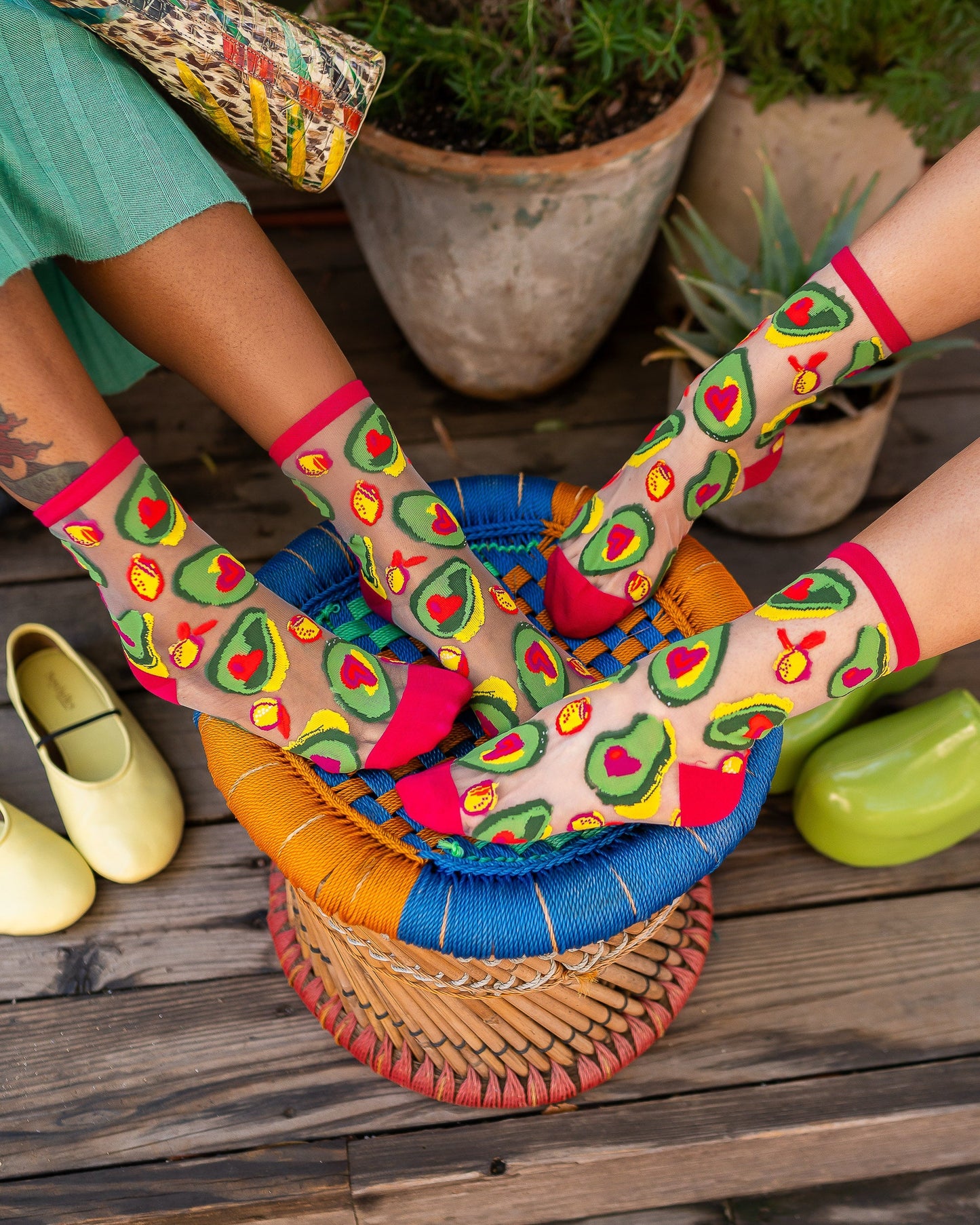 Avocado Sheer Crew Socks With Brunch Pattern
