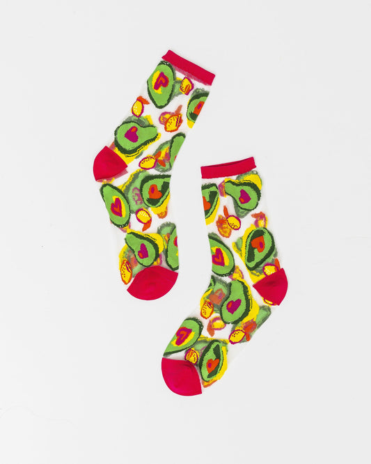 Avocado Sheer Crew Socks With Brunch Pattern