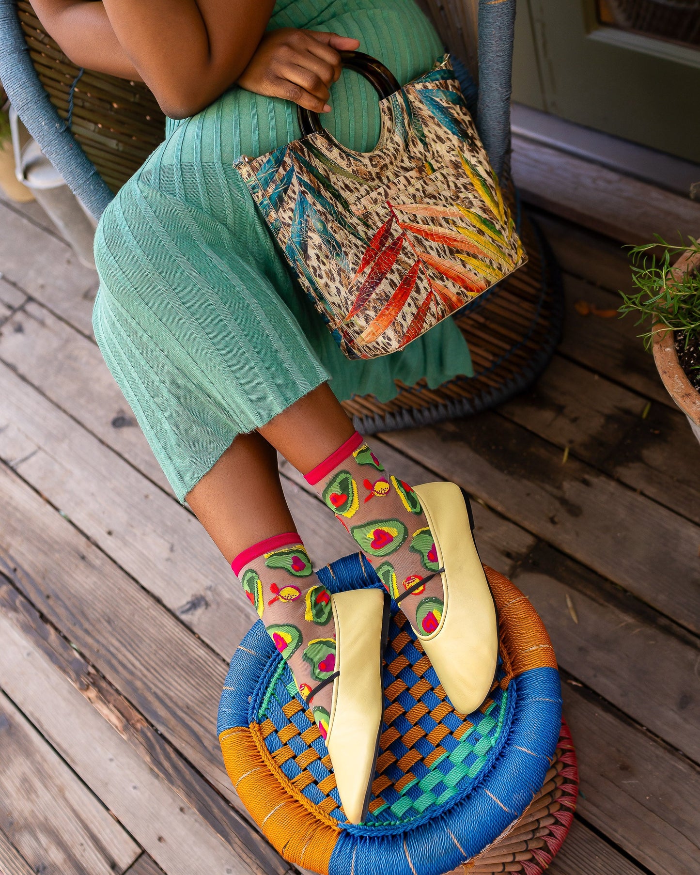 Avocado Sheer Crew Socks With Brunch Pattern