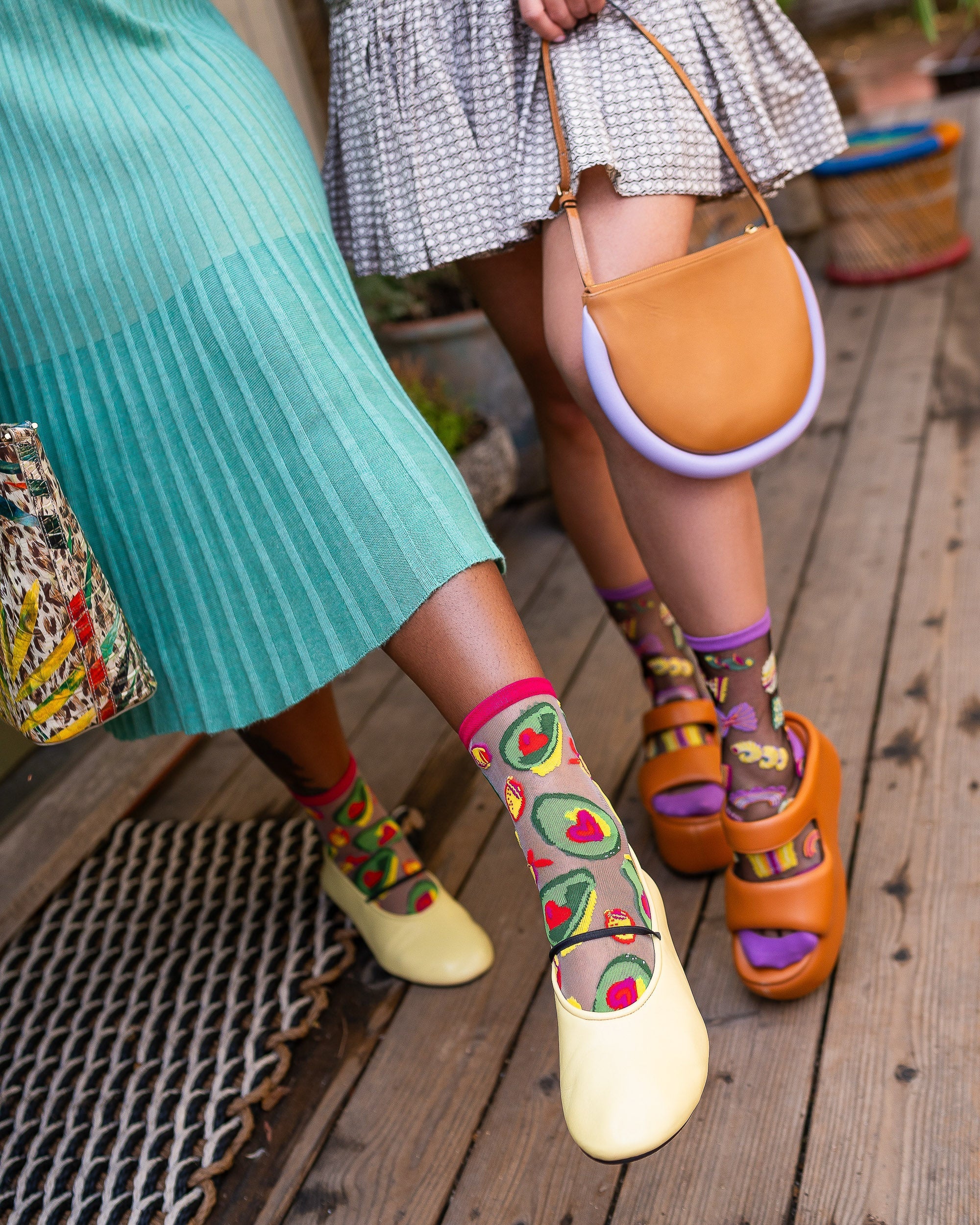 Avocado Sheer Crew Socks With Brunch Pattern