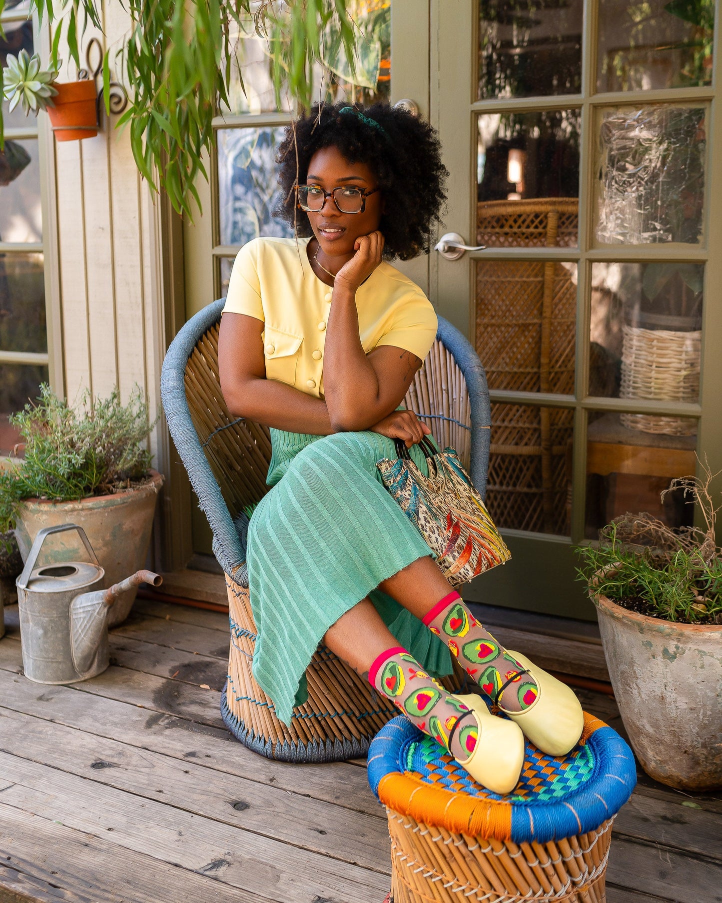 Avocado Sheer Crew Socks With Brunch Pattern