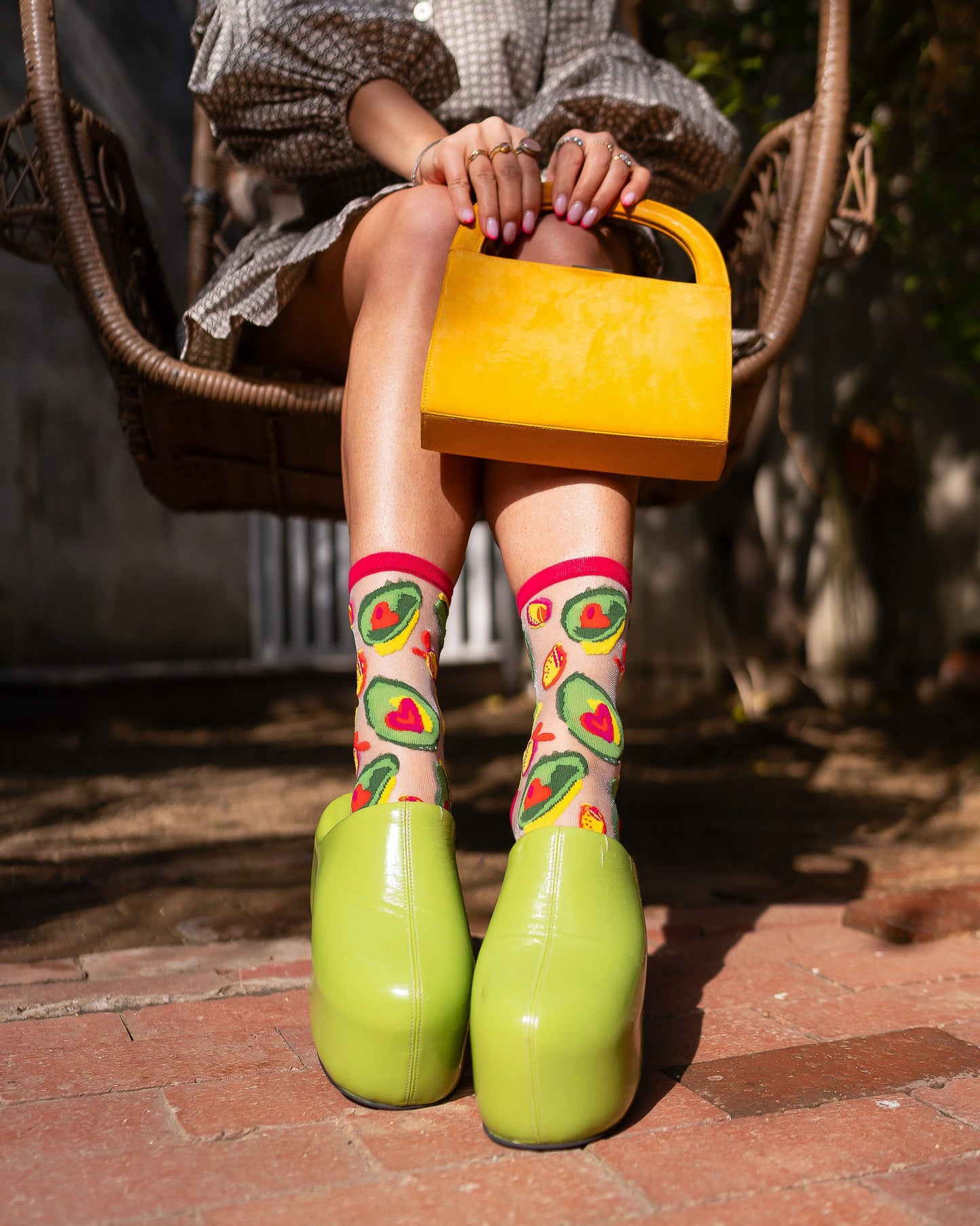 Avocado Sheer Crew Socks With Brunch Pattern