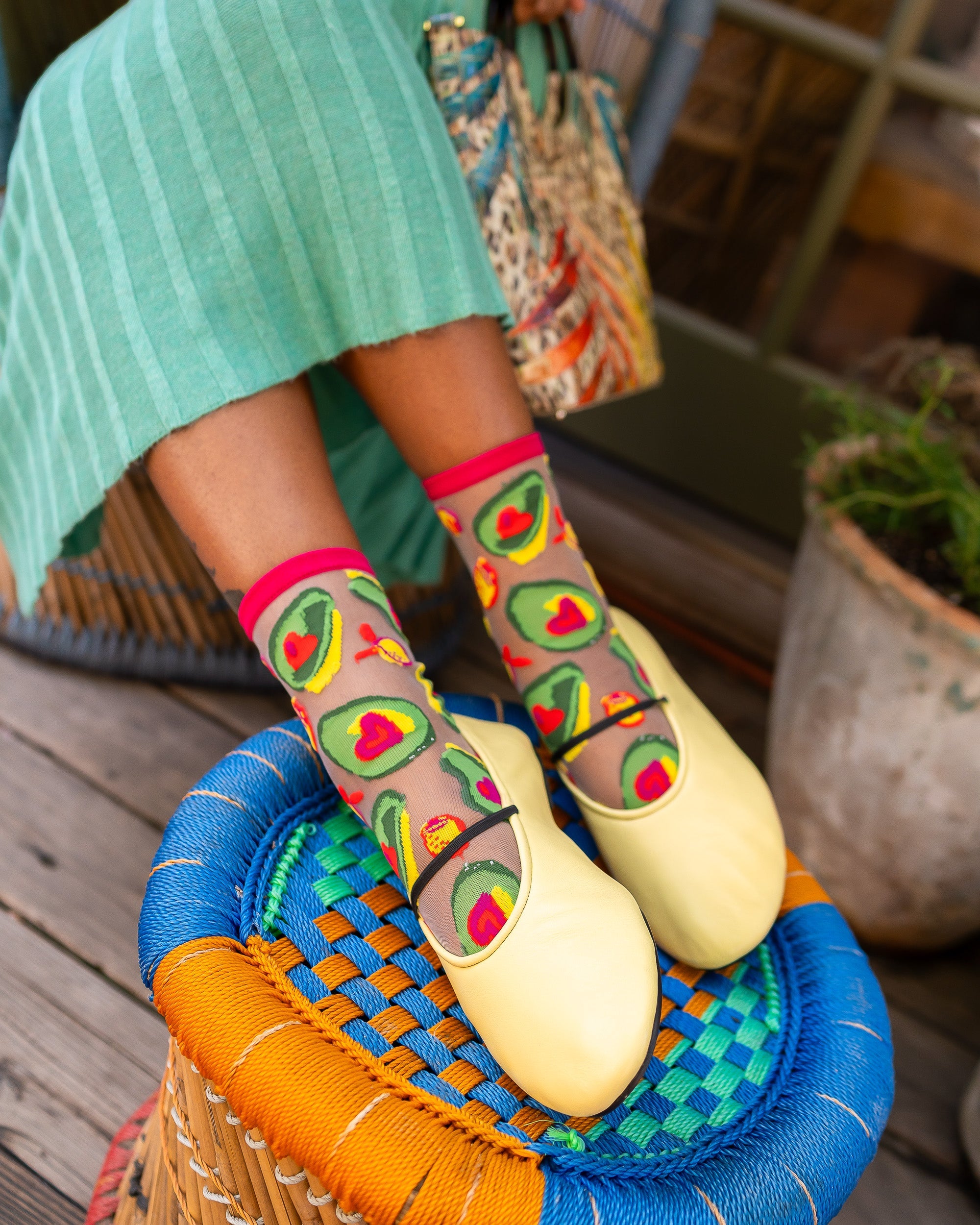 Avocado Sheer Crew Socks With Brunch Pattern