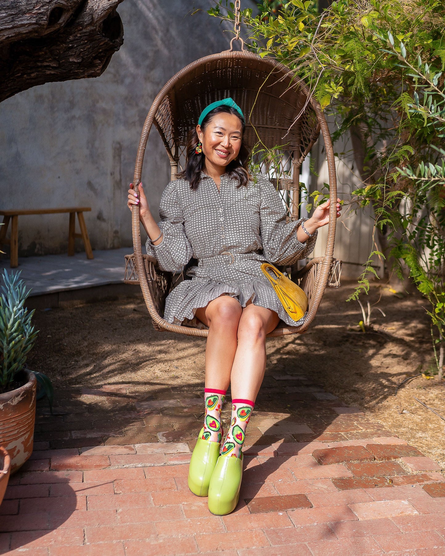Avocado Sheer Crew Socks With Brunch Pattern