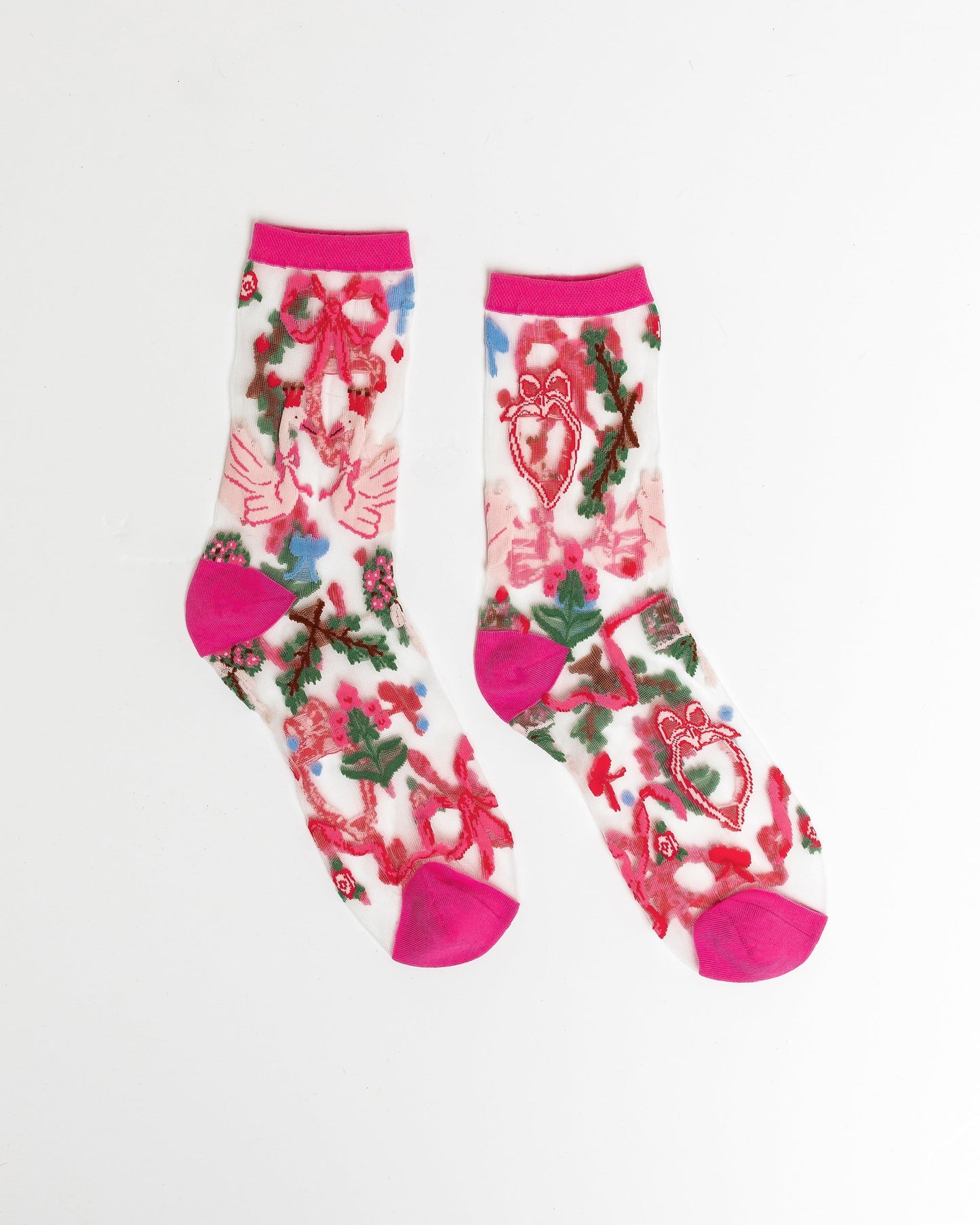 Pink Balletcore Sheer Crew Sock With Swan Embellishments