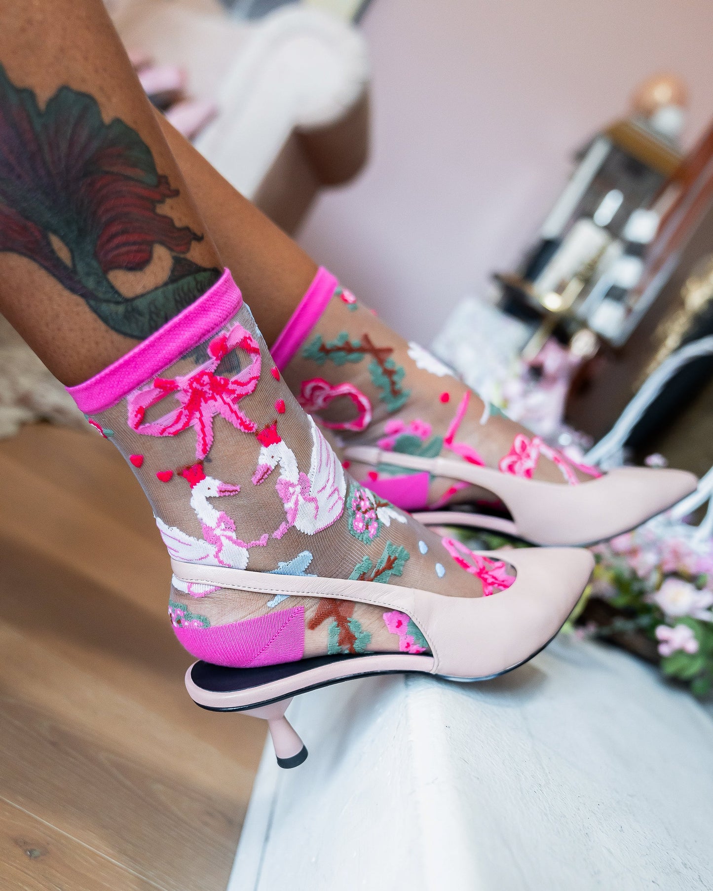 Pink Balletcore Sheer Crew Sock With Swan Embellishments