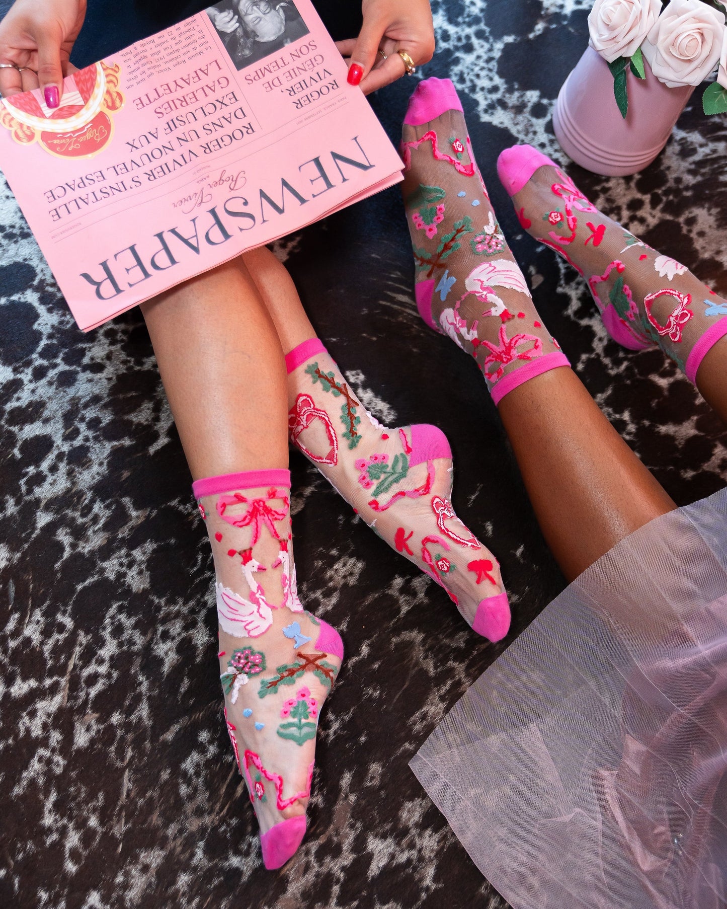 Pink Balletcore Sheer Crew Sock With Swan Embellishments