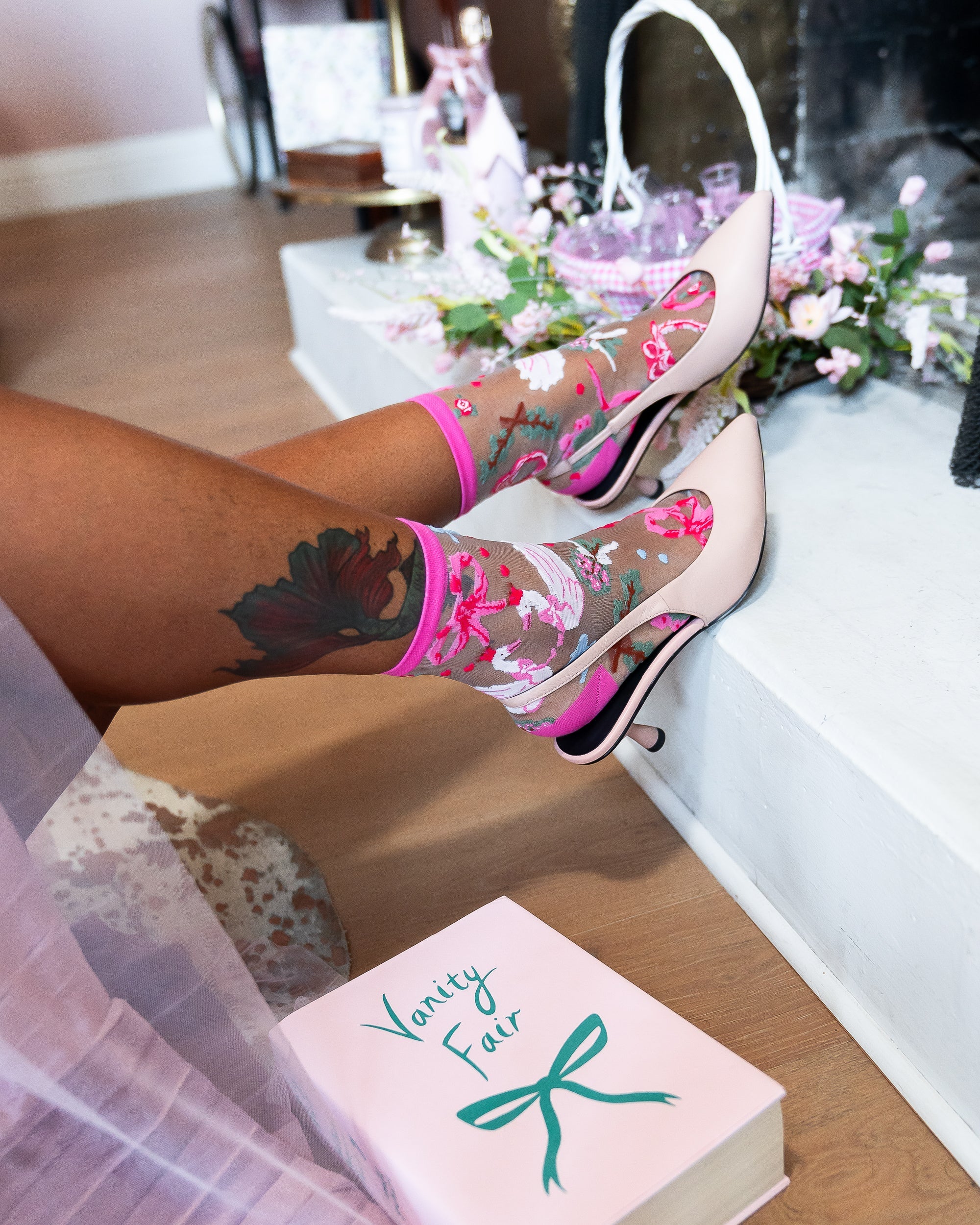 Pink Balletcore Sheer Crew Sock With Swan Embellishments