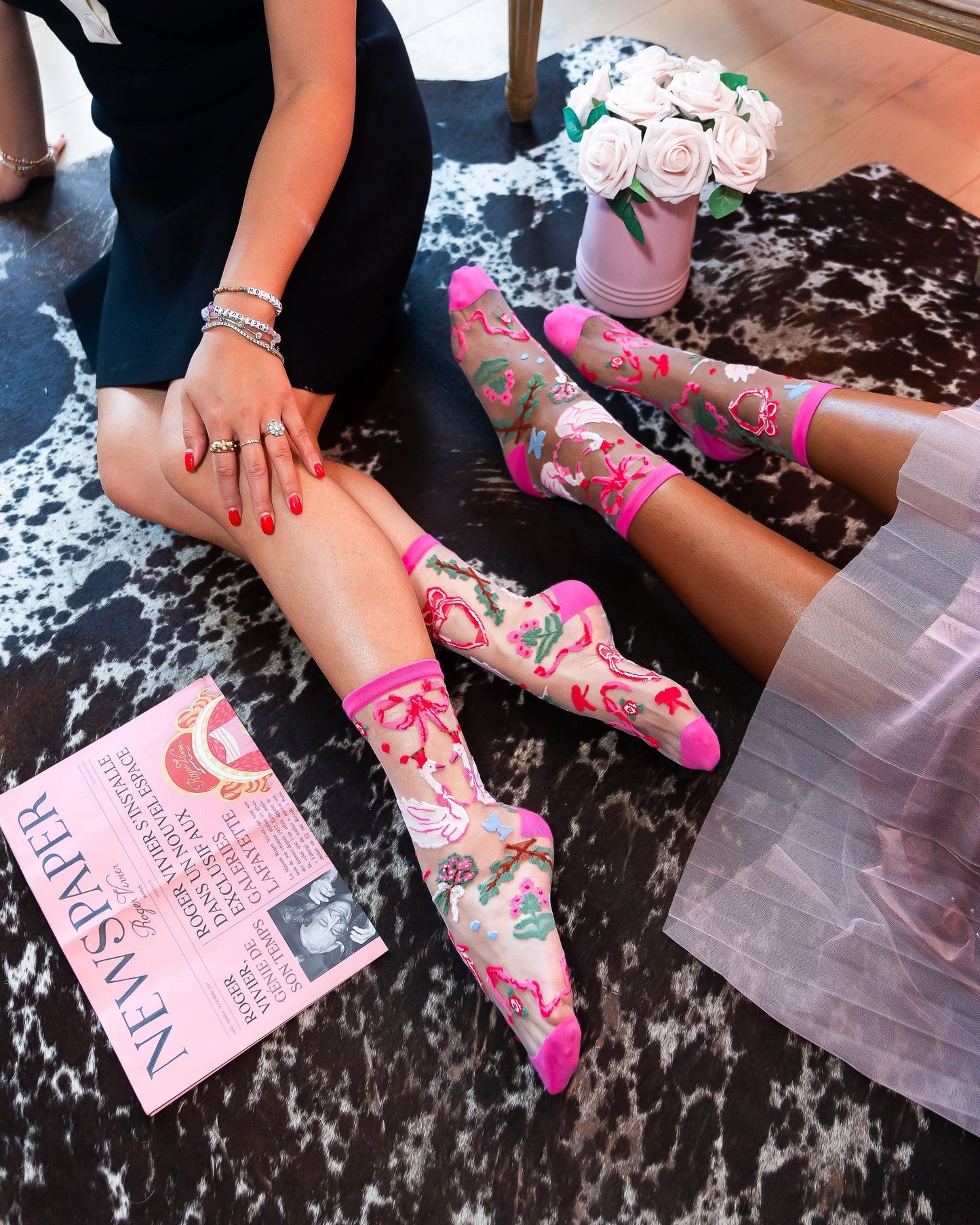 Pink Balletcore Sheer Crew Sock With Swan Embellishments