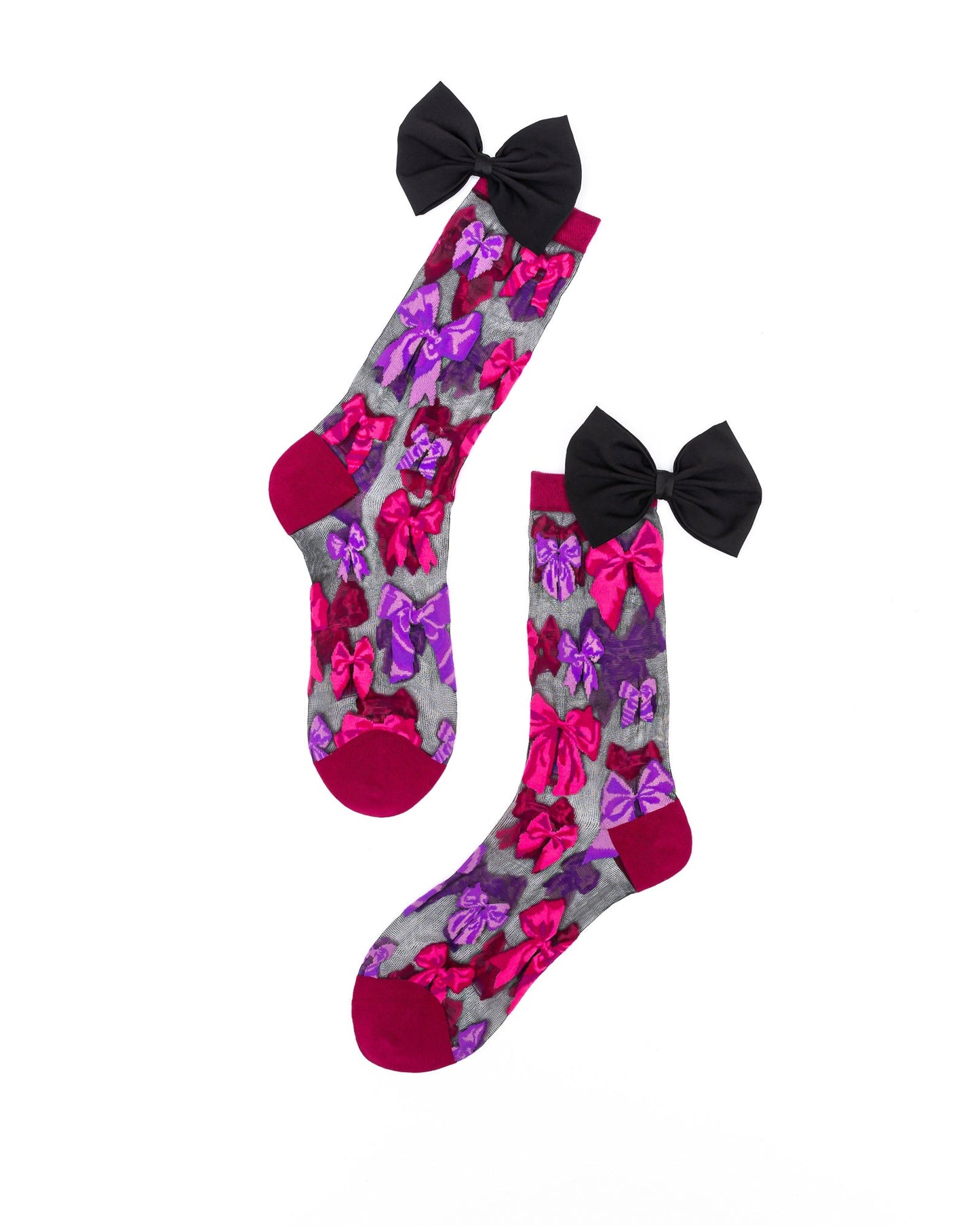 Big Bow Energy Black Sheer Crew Socks With Jewel Tone Bows