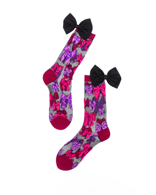 Big Bow Energy Black Sheer Crew Socks With Jewel Tone Bows