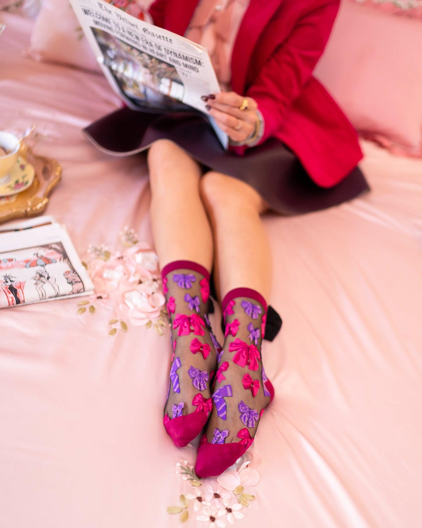 Big Bow Energy Black Sheer Crew Socks With Jewel Tone Bows