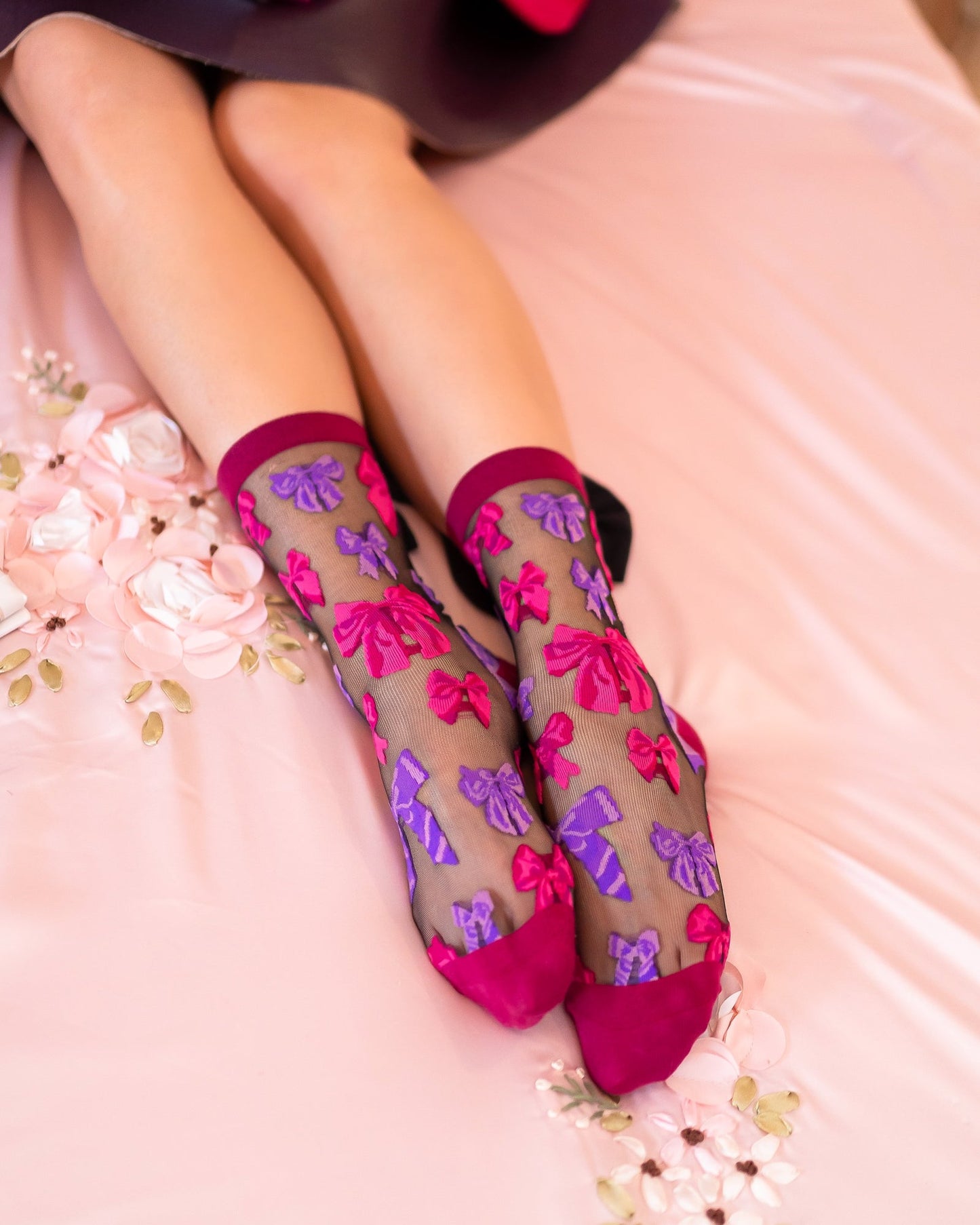 Big Bow Energy Black Sheer Crew Socks With Jewel Tone Bows