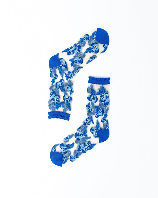 Blueberry Ruffle Sheer Crew Sock With Delicate Print