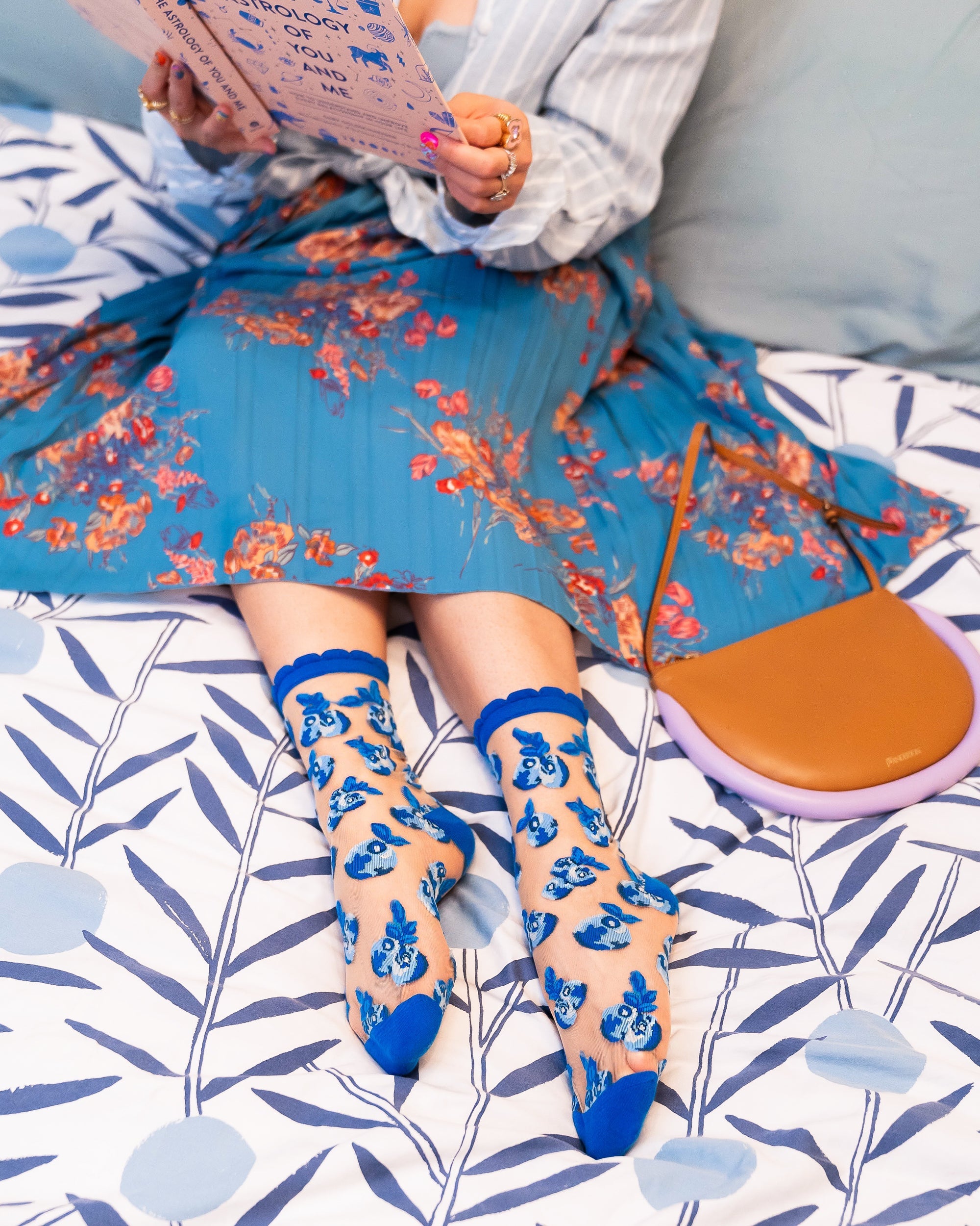 Blueberry Ruffle Sheer Crew Sock With Delicate Print