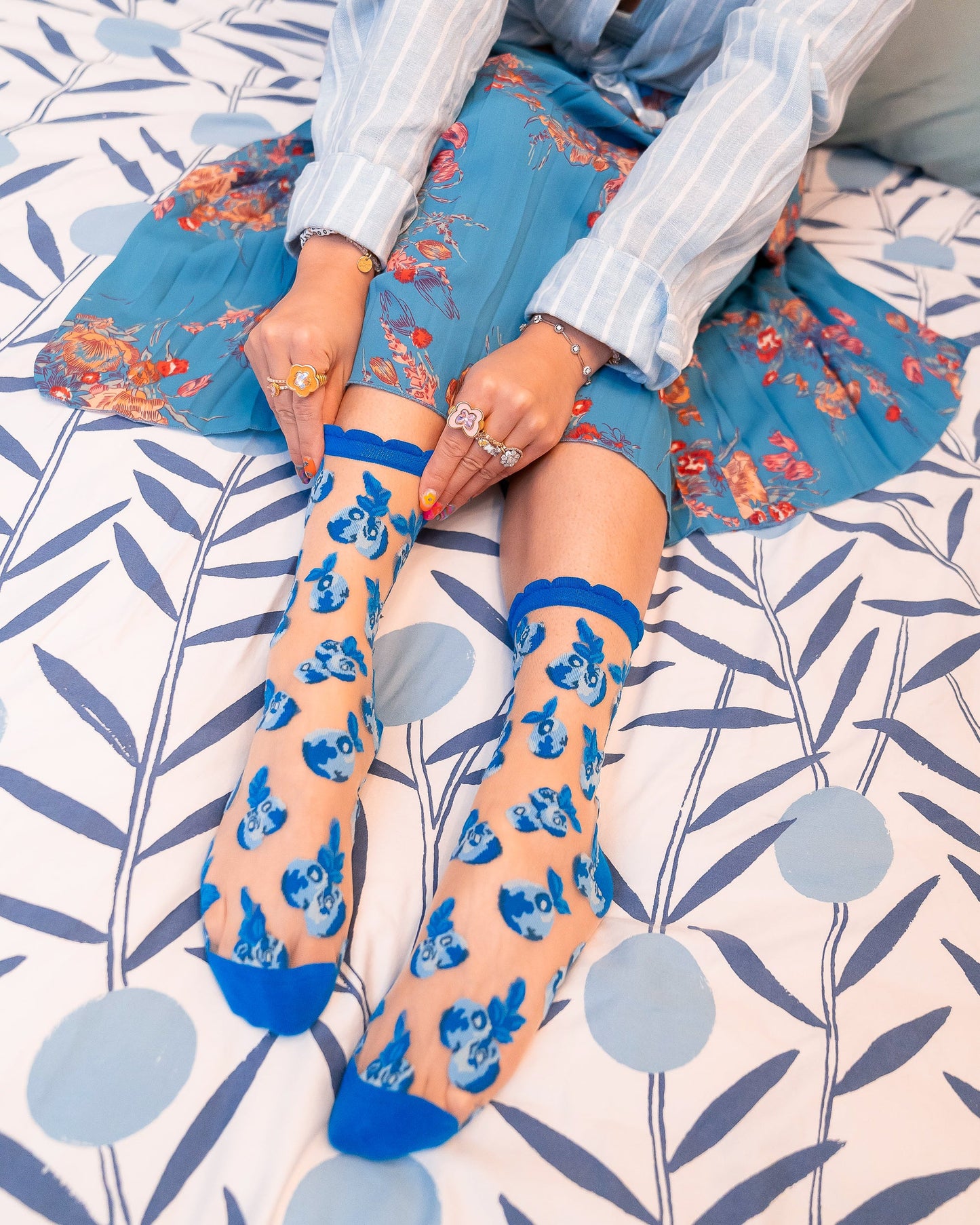 Blueberry Ruffle Sheer Crew Sock With Delicate Print