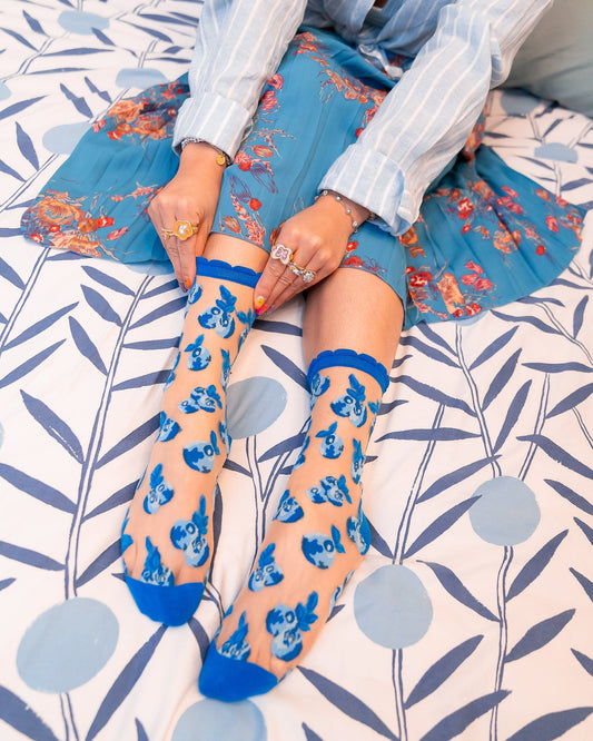Blueberry Ruffle Sheer Crew Sock With Delicate Print