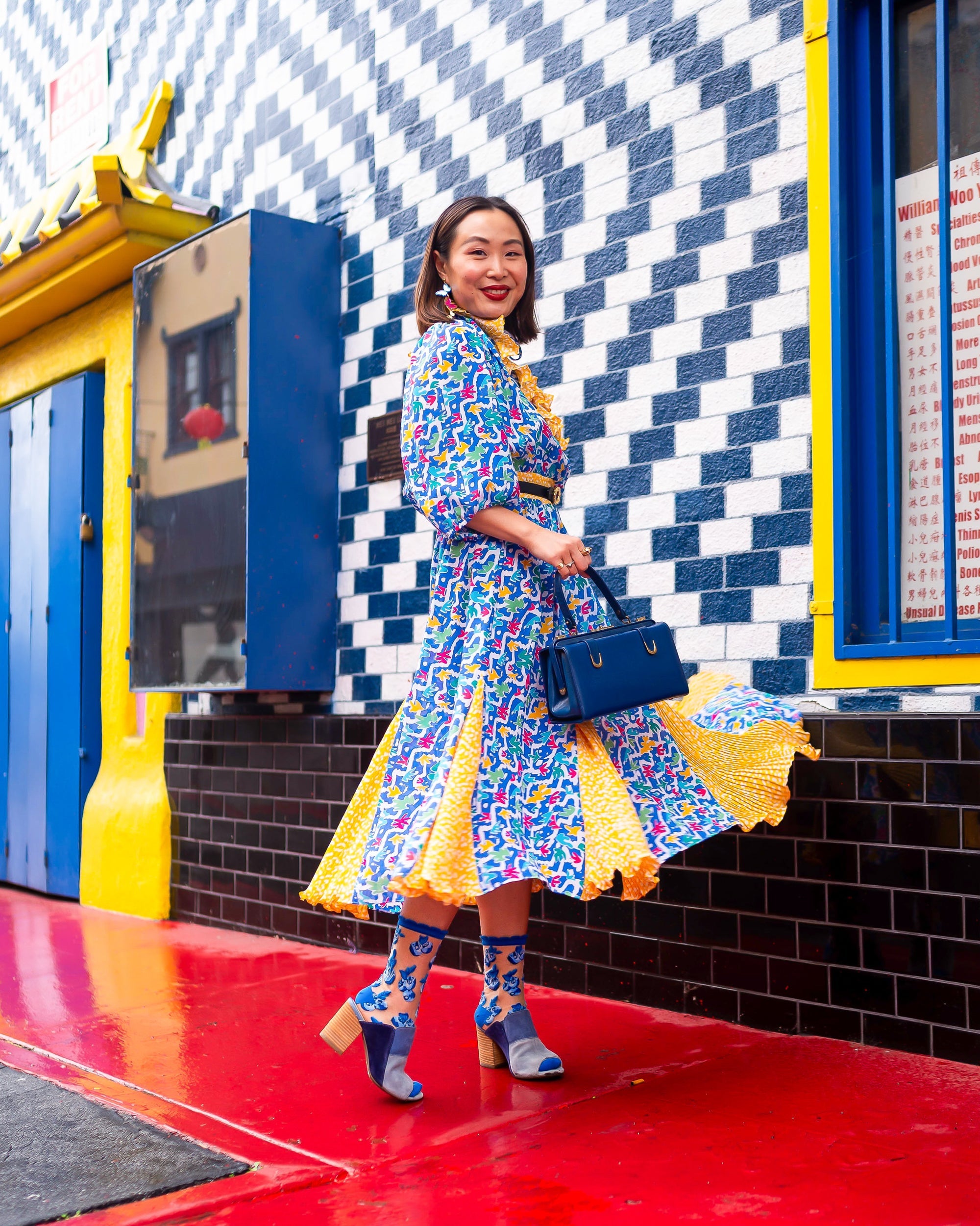 Blueberry Ruffle Sheer Crew Sock With Delicate Print